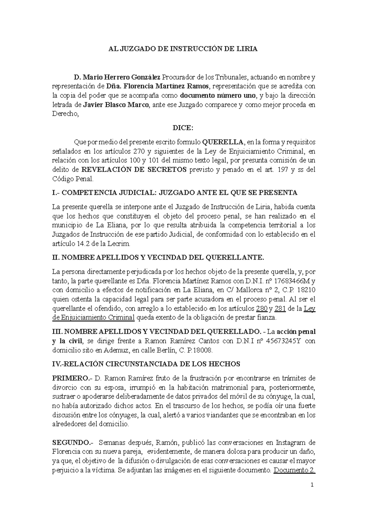 Querella por Revelación de Secretos - Caso Florencia vs. Ramón - Studocu