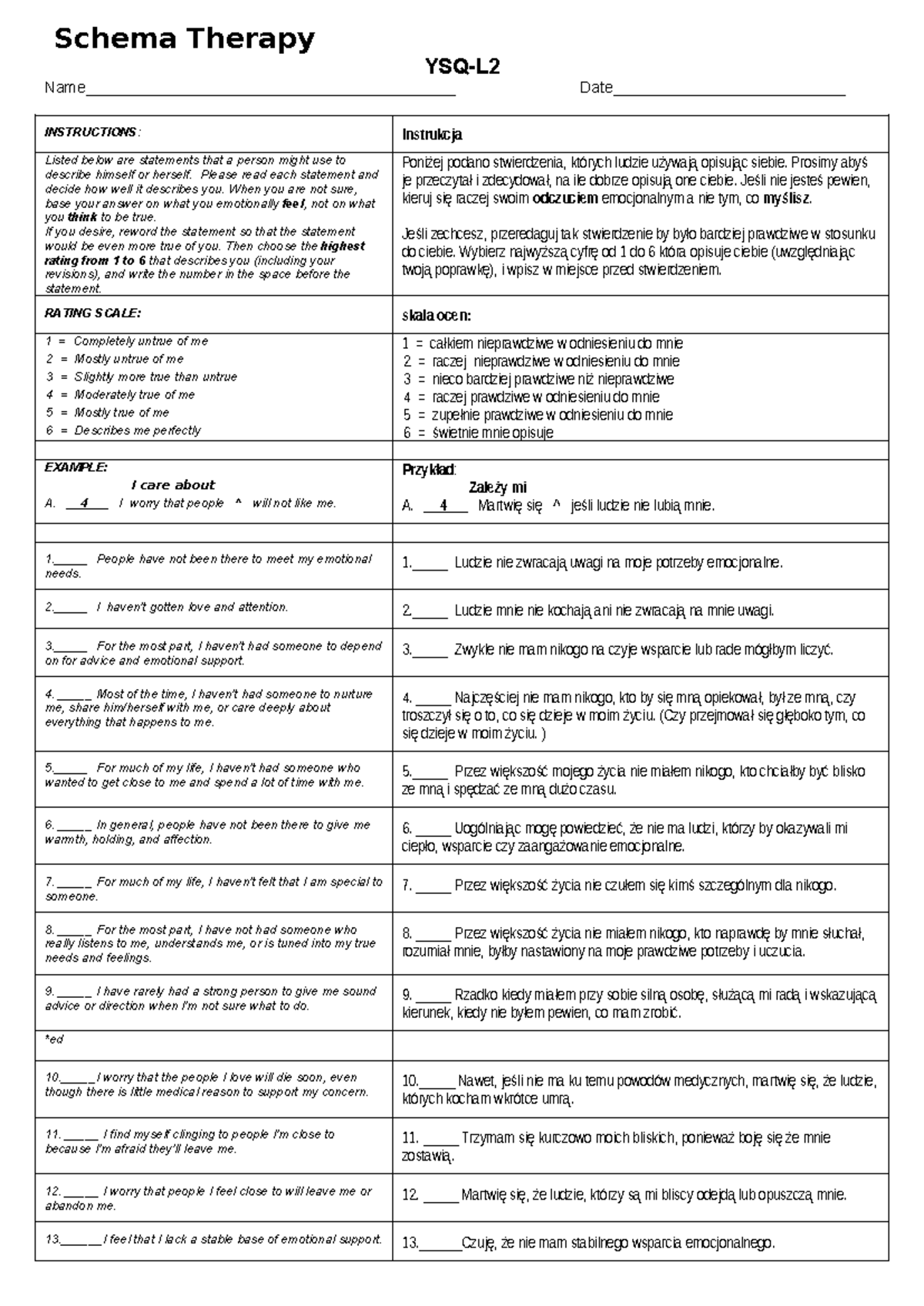 YSQ L2 - Schema Therapy Assessment Questions & Instructions - Studocu