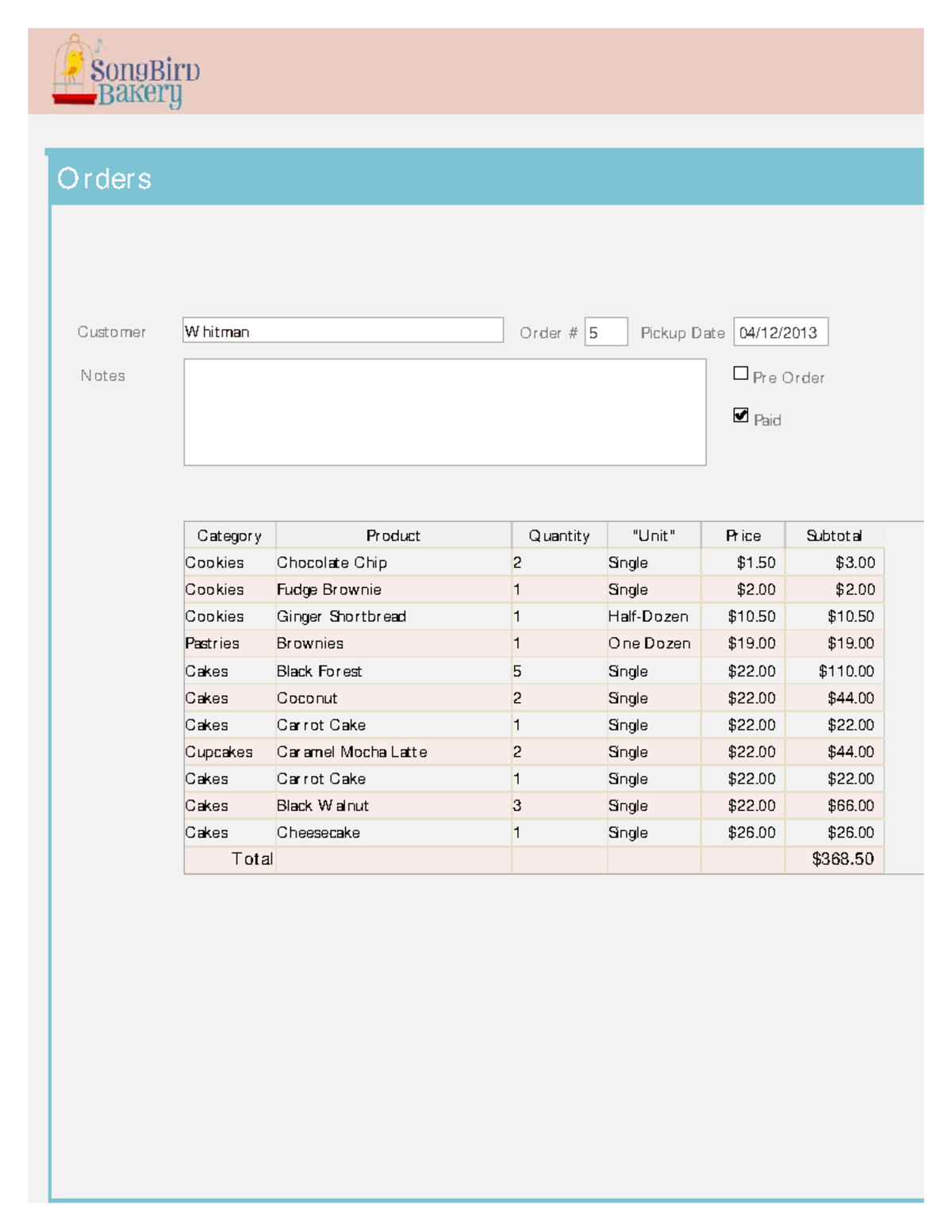 Sample of database - Orders Order # 5 Notes Pickup Date 04/12/ Paid Pre ...