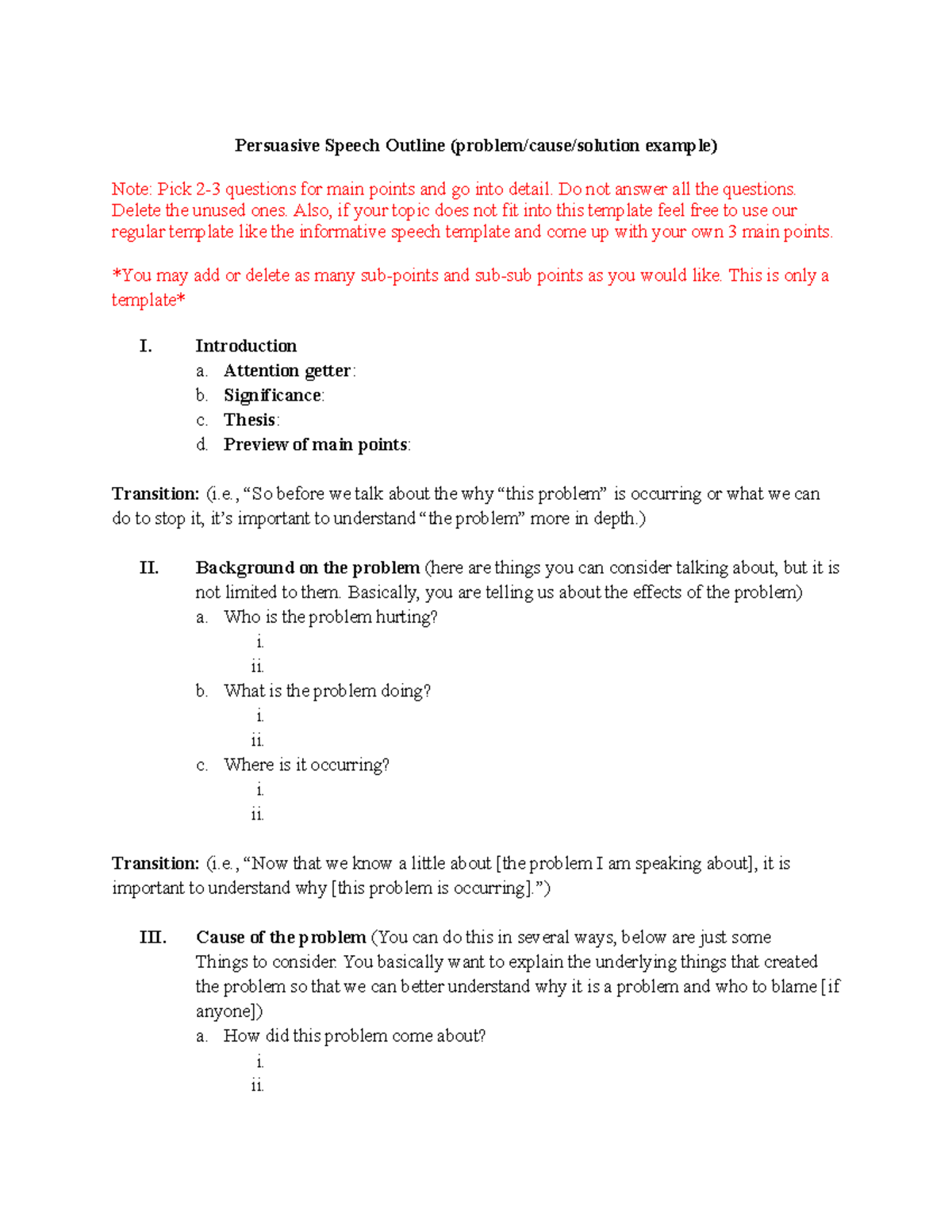 Persuasive Speech Outline Template: Problem-Cause-Solution Structure ...
