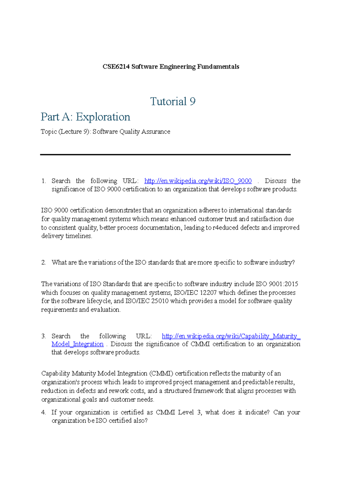 CSE6214 Software Engineering Fundamentals: Tutorial 9 on Quality ...