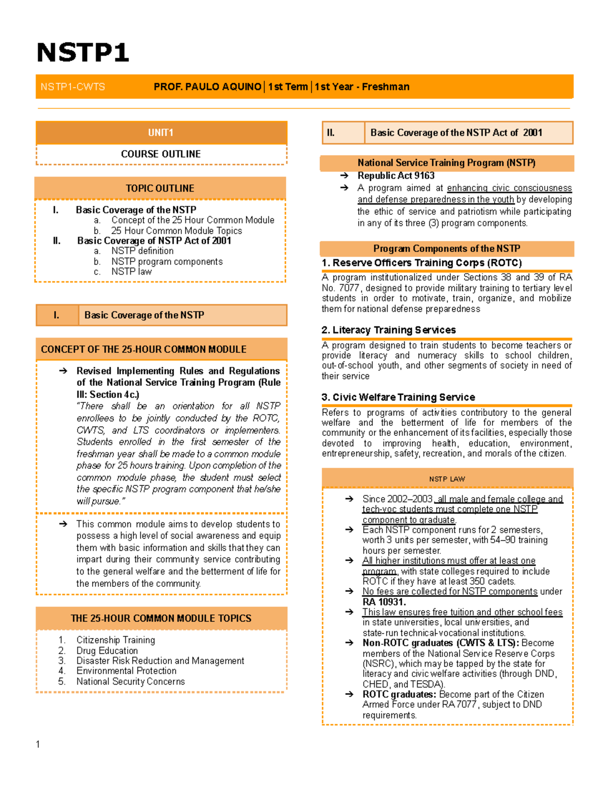 NSTP1 Course Outline: Basic Coverage of the 25-Hour Common Module - Studocu
