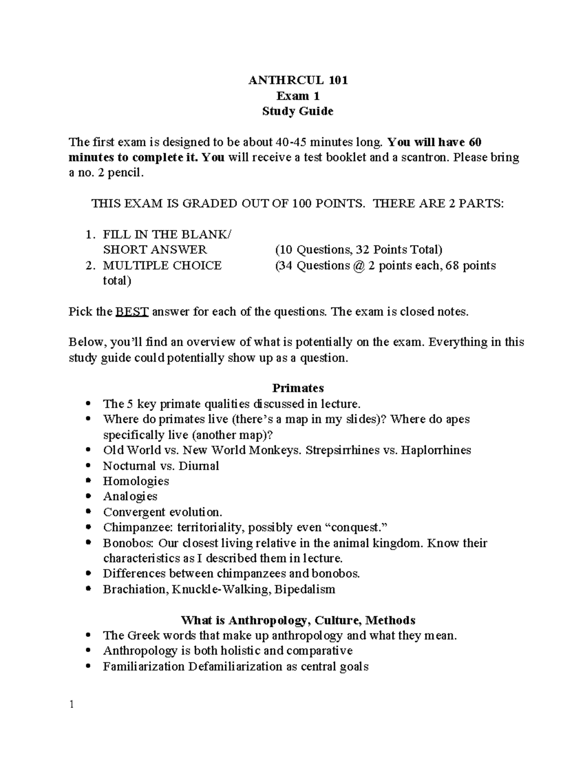 ANTHRCUL 101 Exam 1 Study Guide: Key Concepts & Topics Overview - Studocu