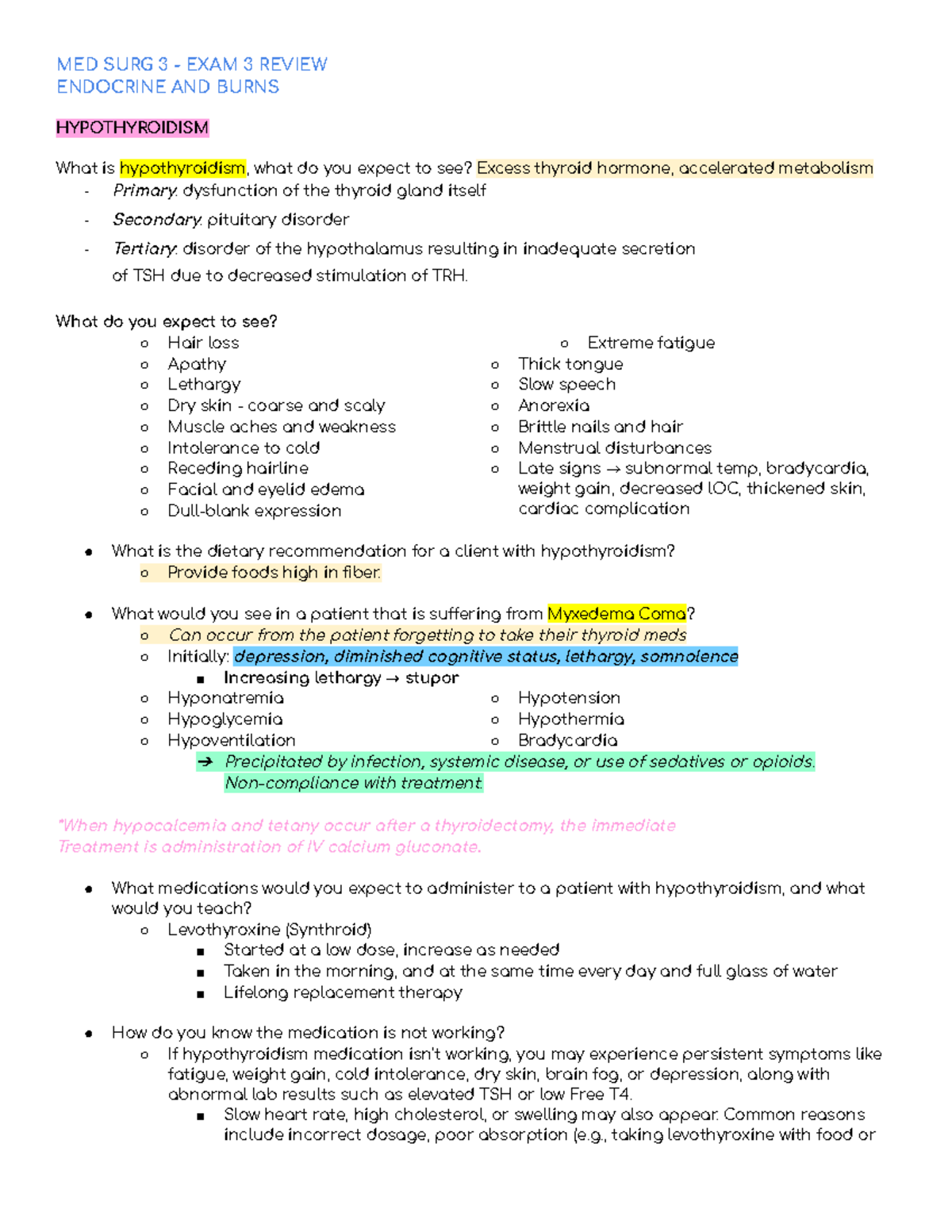 EXAM 3 REVIEW - Medical Surgical III: Endocrine & Burns Focus - Studocu