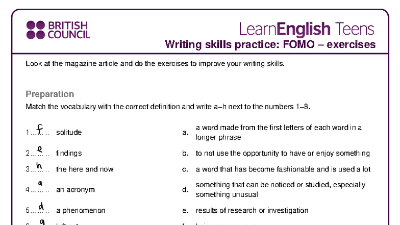Writing Skills Practice: FOMO Exercises (READING - Exercise 1) - Studocu