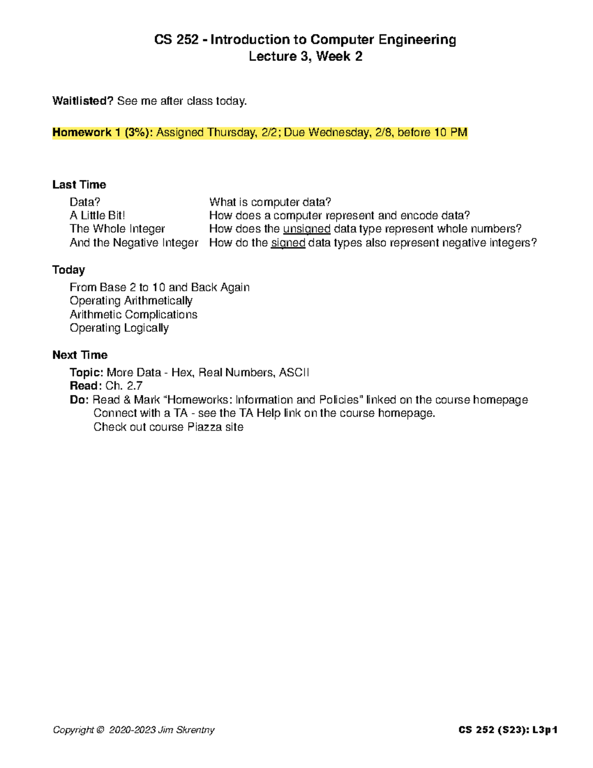 CS 252 Introduction to Computer Engineering Lecture 3 Outline Week 2 ...