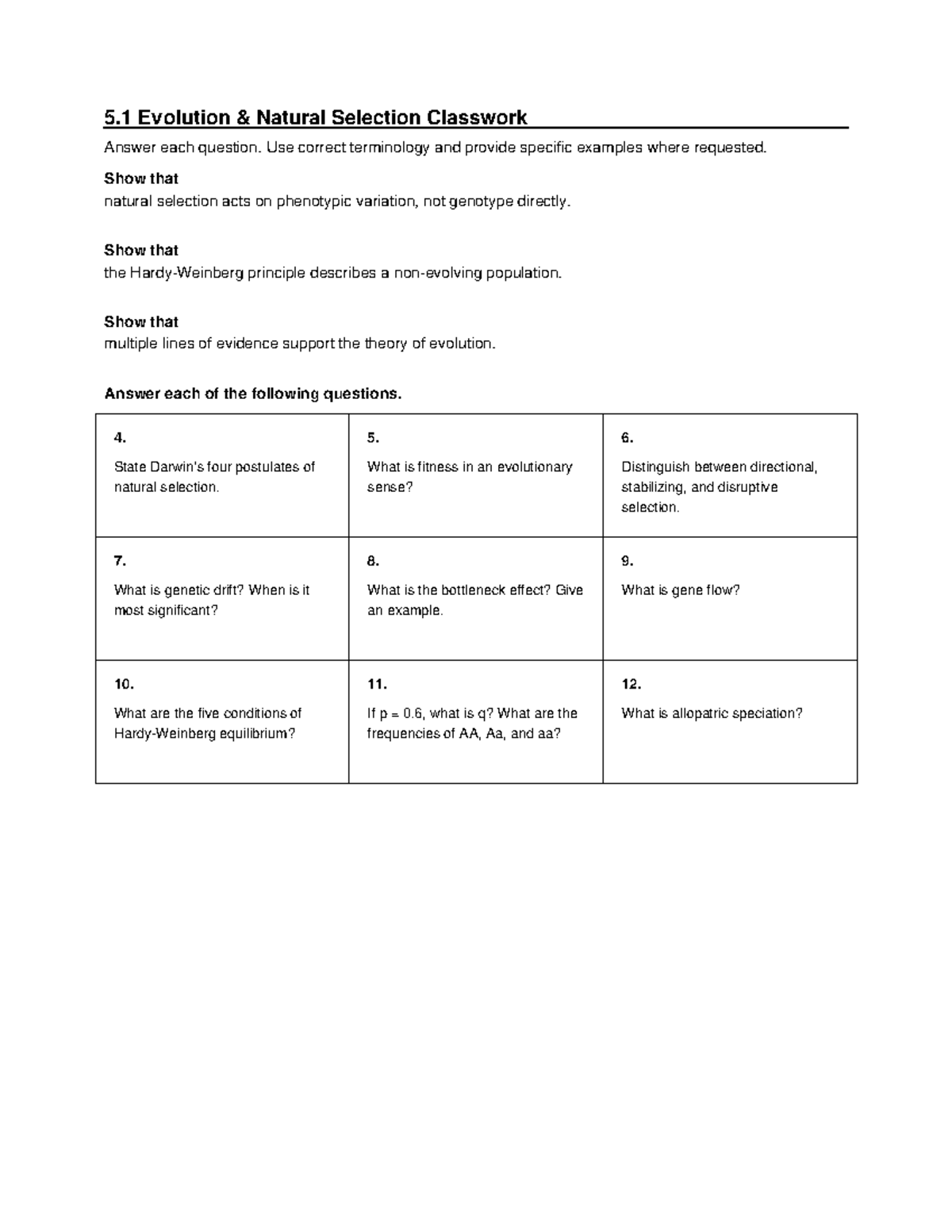5.1 AP Bio Natural Selection Classwork: Key Concepts & Examples - Studocu