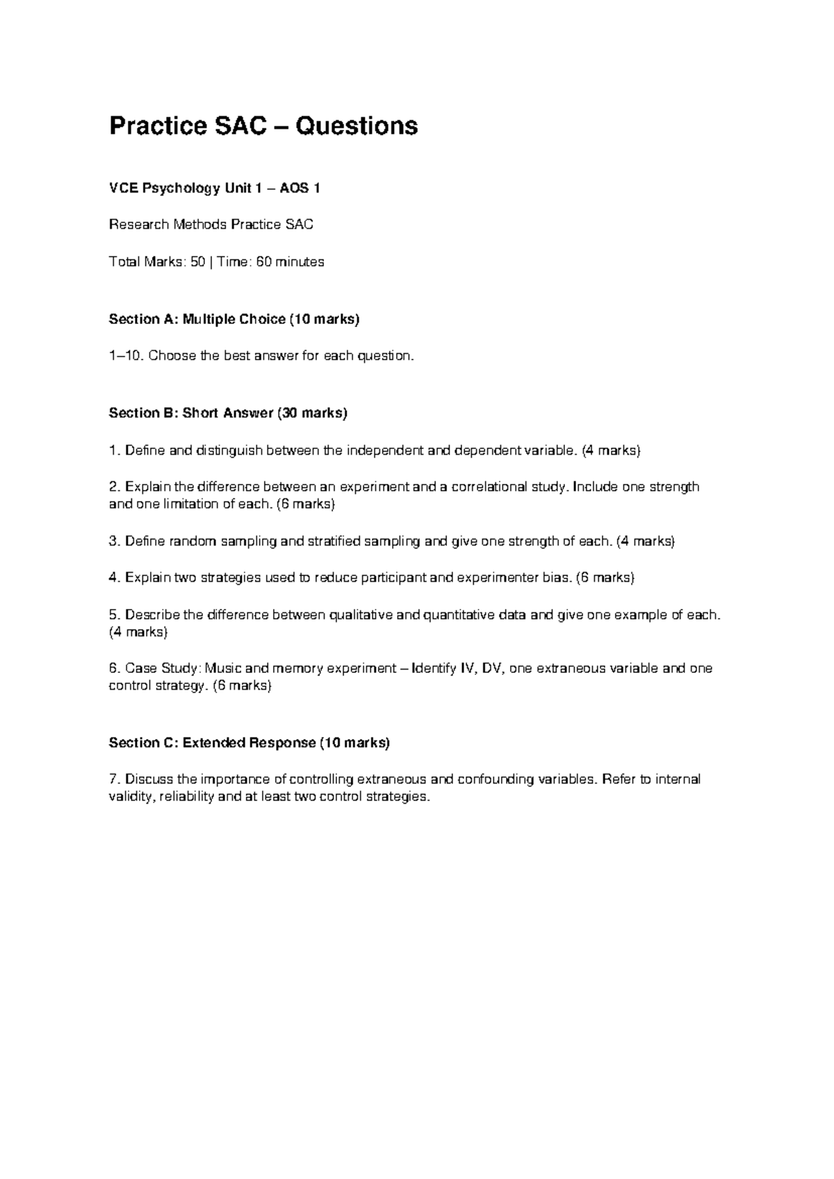 VCE Psych Unit 1 AOS 1 Research Methods Practice SAC Questions - Studocu
