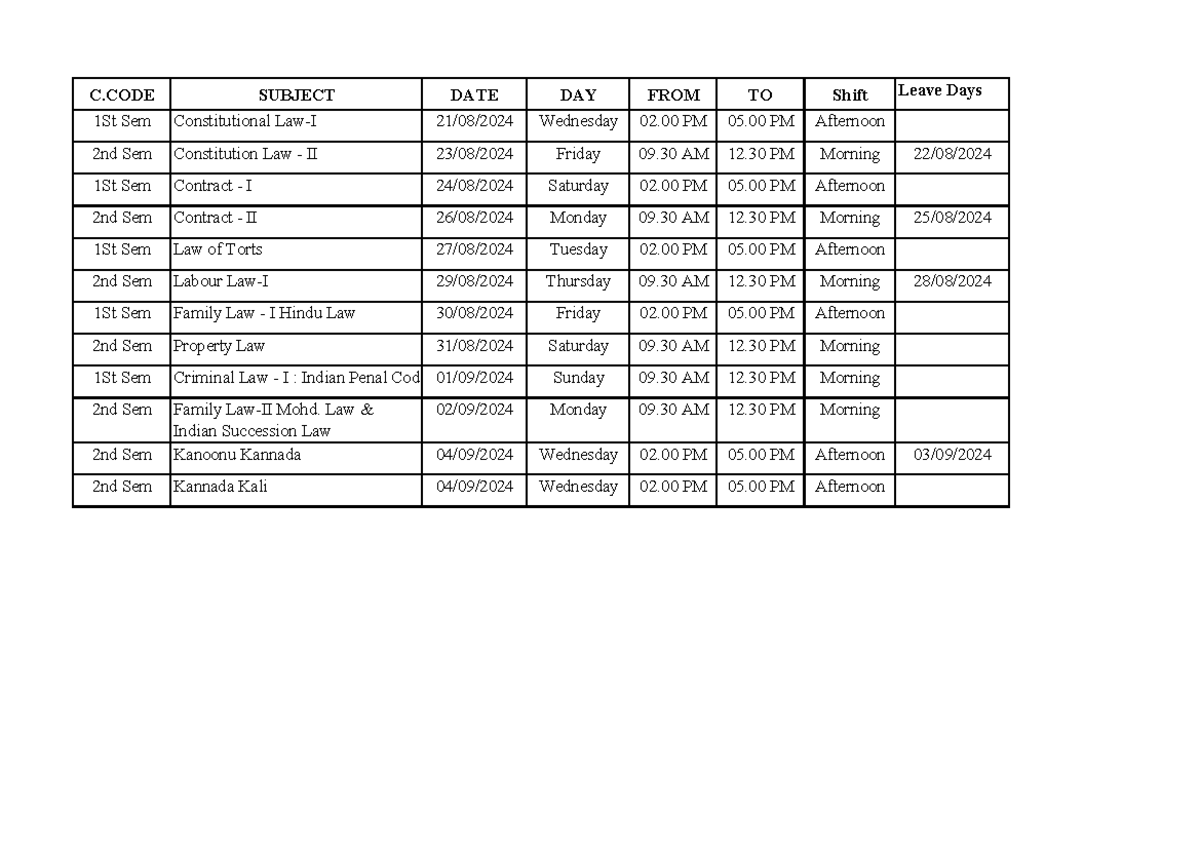 KSLU LLB 1st Year August 2024 Time Table and Schedule - Studocu