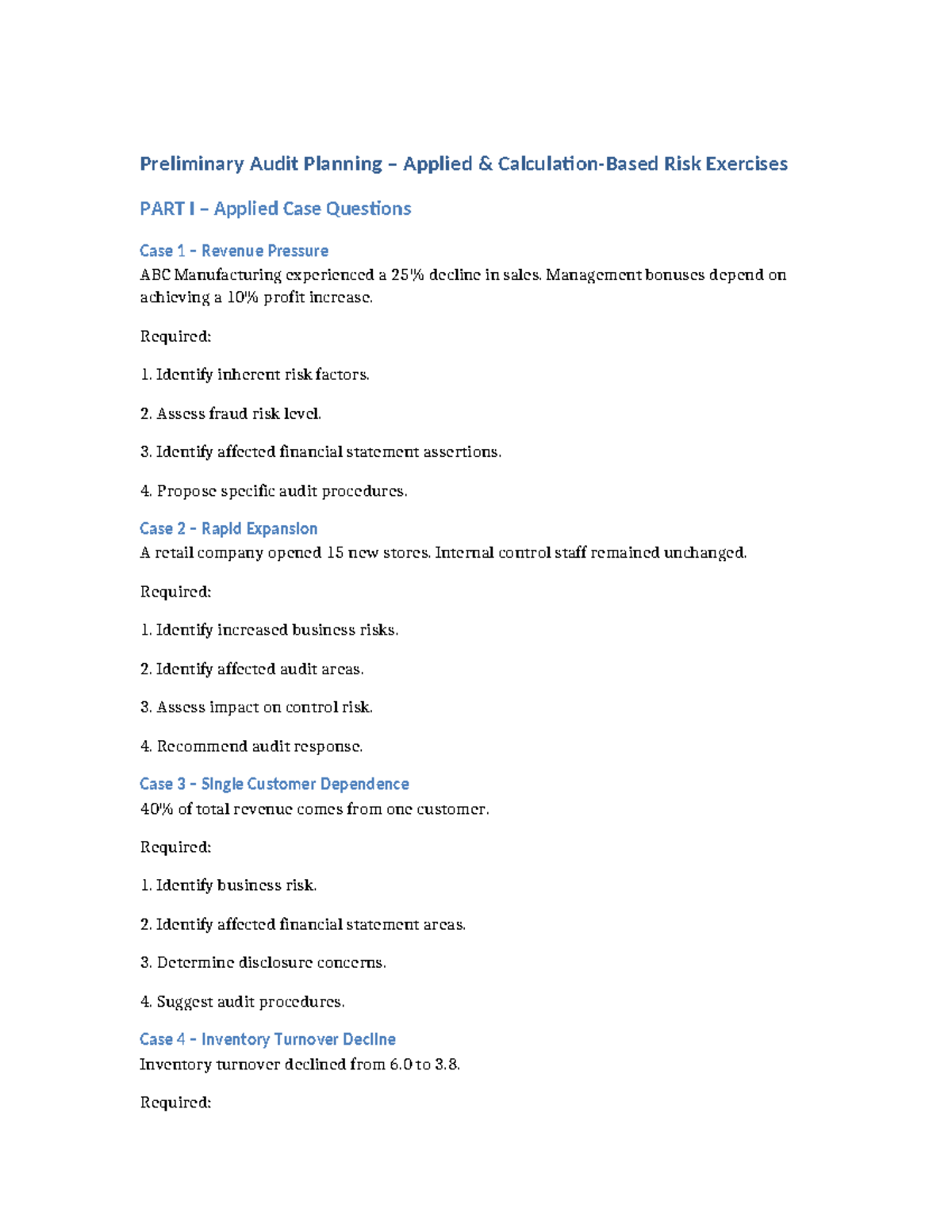 Preliminary Audit Planning (ACCT 301) Full Exercises & Solutions - Studocu