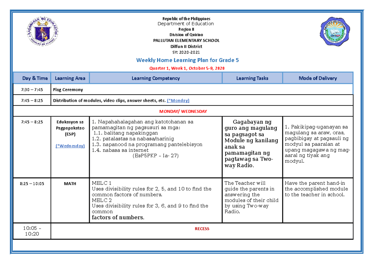 Q1 W1 - Weekly Home Learning Plan for Grade 5 Guidelines - Studocu