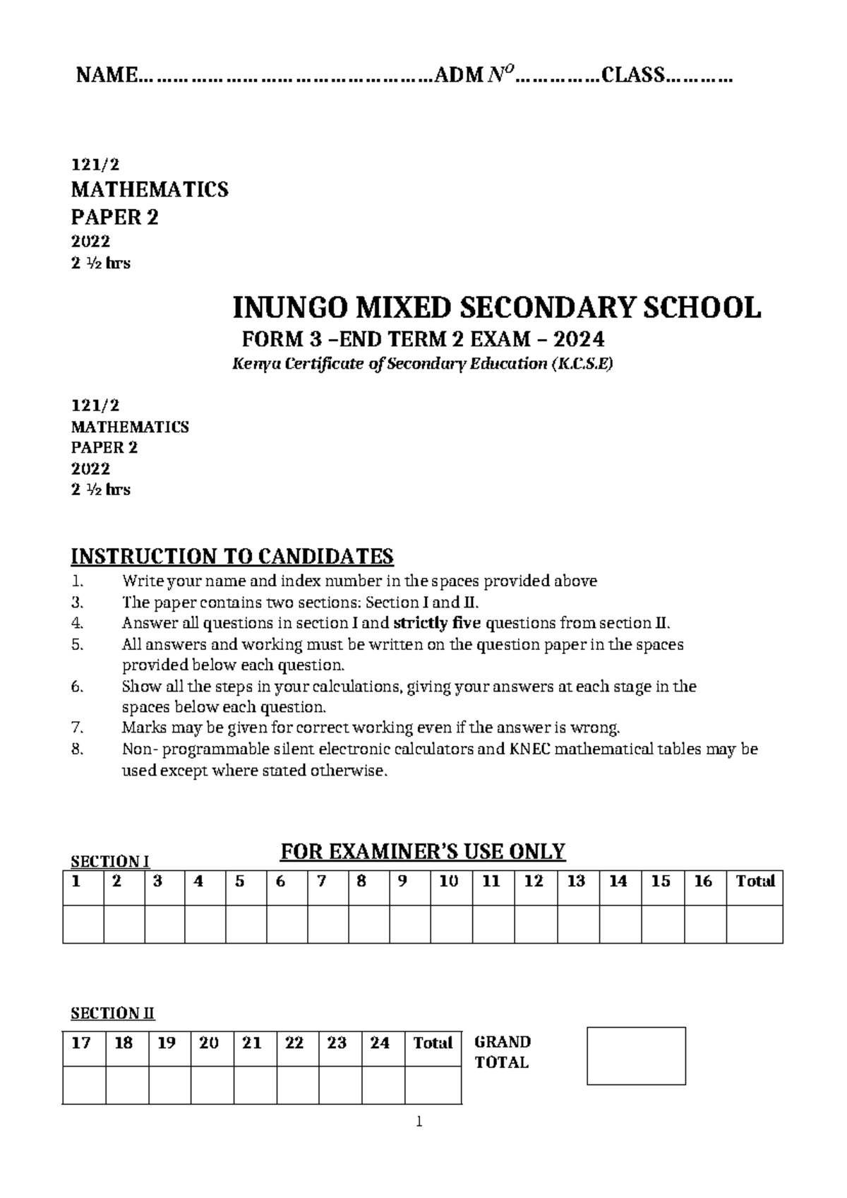 END TERM 2 2024 K.C.S.E MATHEMATICS PAPER 2 EXAMINATION - Studocu