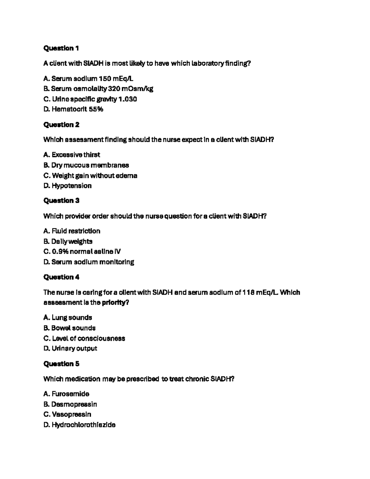 SIADH Practice Quiz: Key Questions and Answers - Studocu