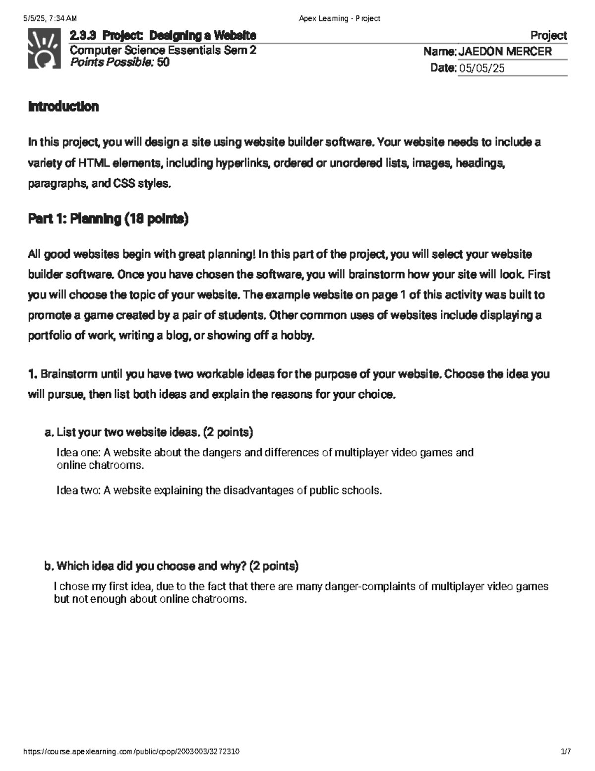 Apex Learning Project 2.3.3: Website Design for Comp Science Essentials ...