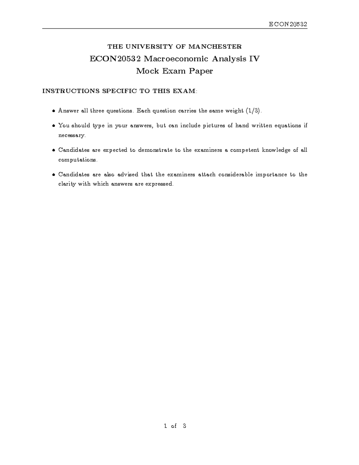 ECON20532 Macroeconomic Analysis IV Mock Exam Paper 2022 - Studocu