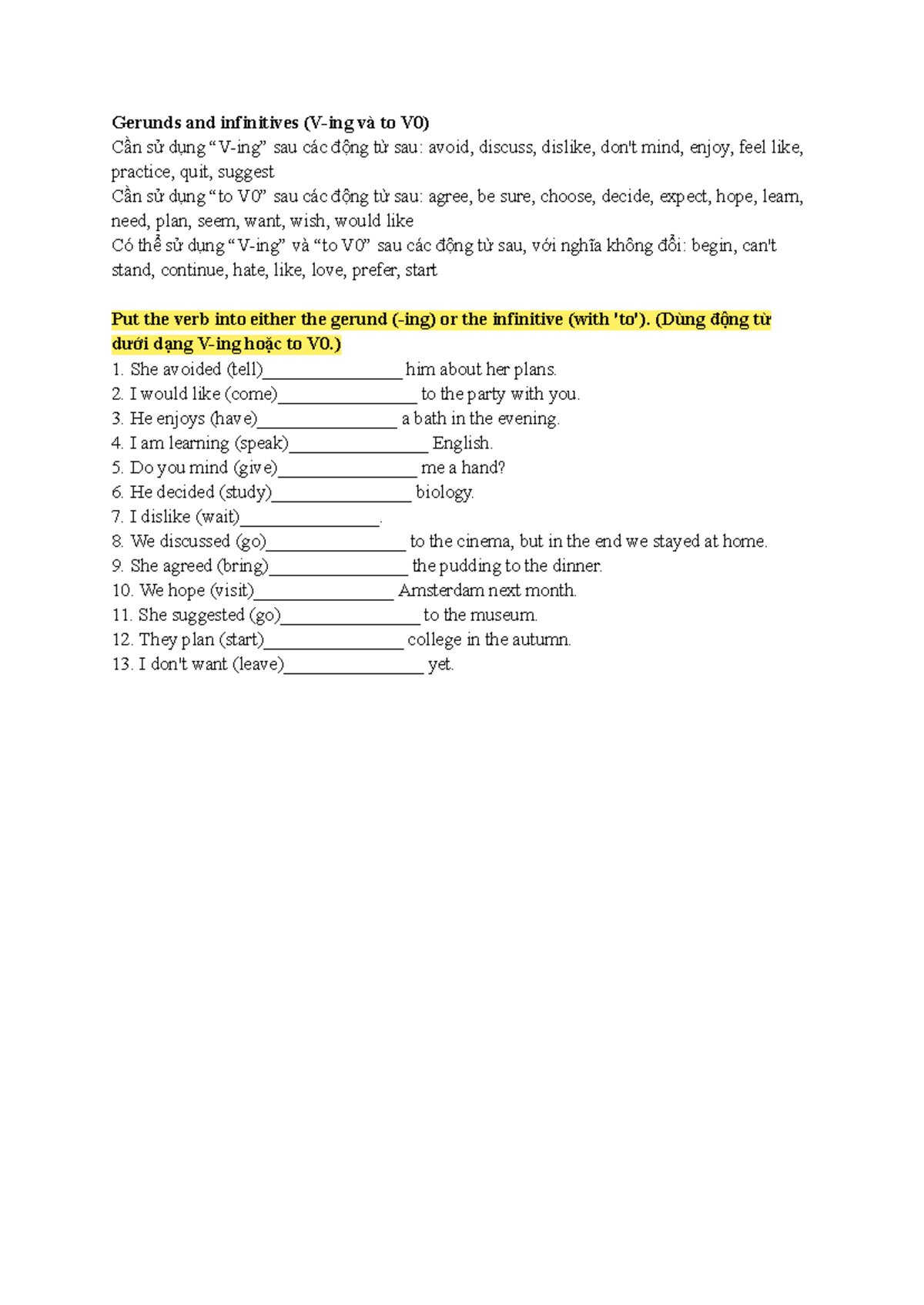 Grammar 1: Gerunds and Infinitives (V-ing & to V0) Study Guide - Studocu
