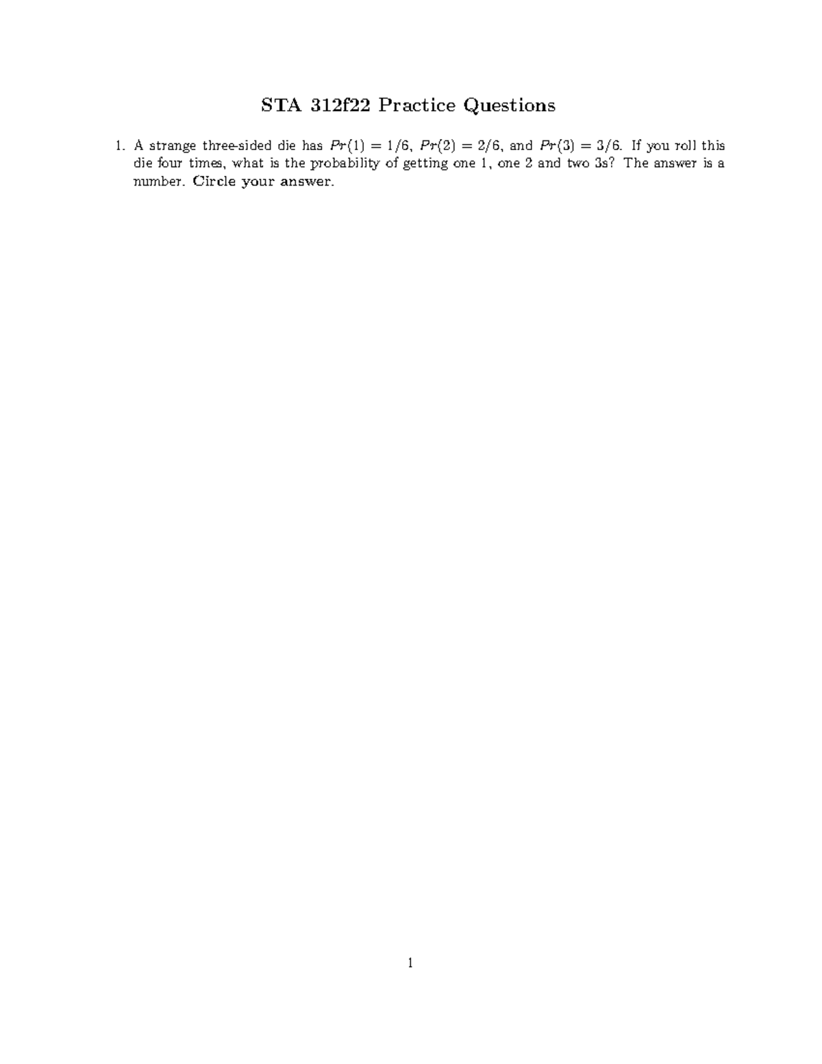 STA 312f22 Practice Exam: Probability and Statistical Inference ...
