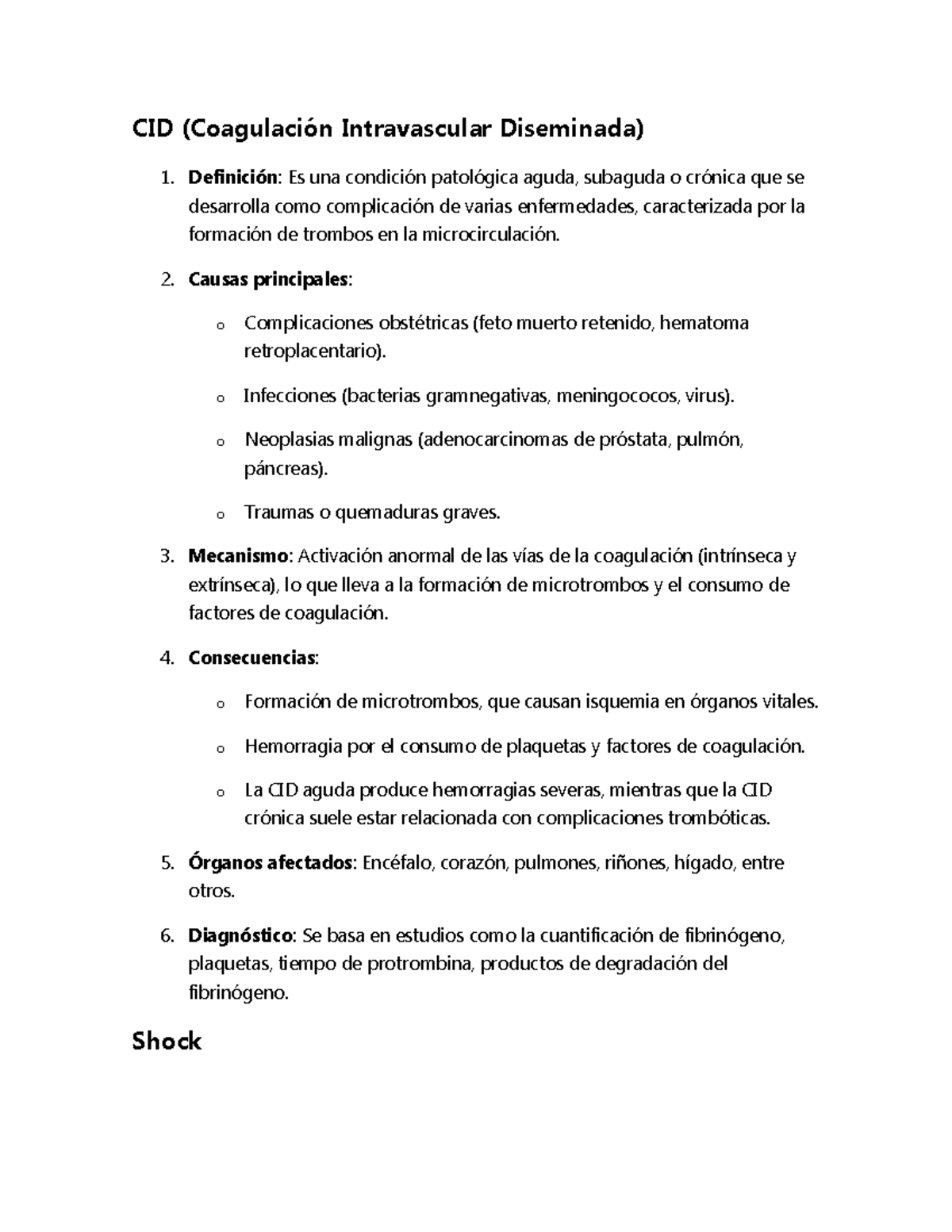 Shock y CID   Apuntes   CID Coagulación Intravascular Diseminada ...