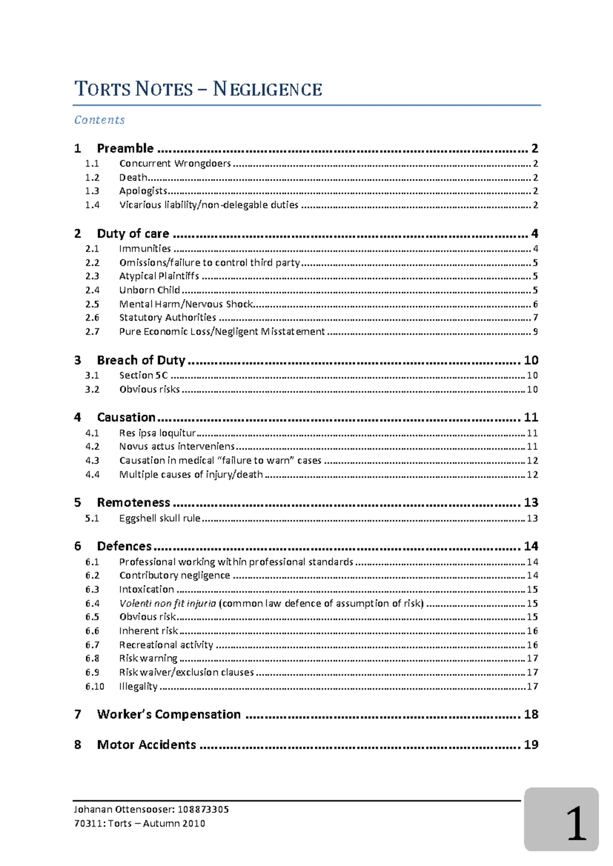 Torts Law Notes: Duty of Care, Negligence, and Damages Overview - Studocu