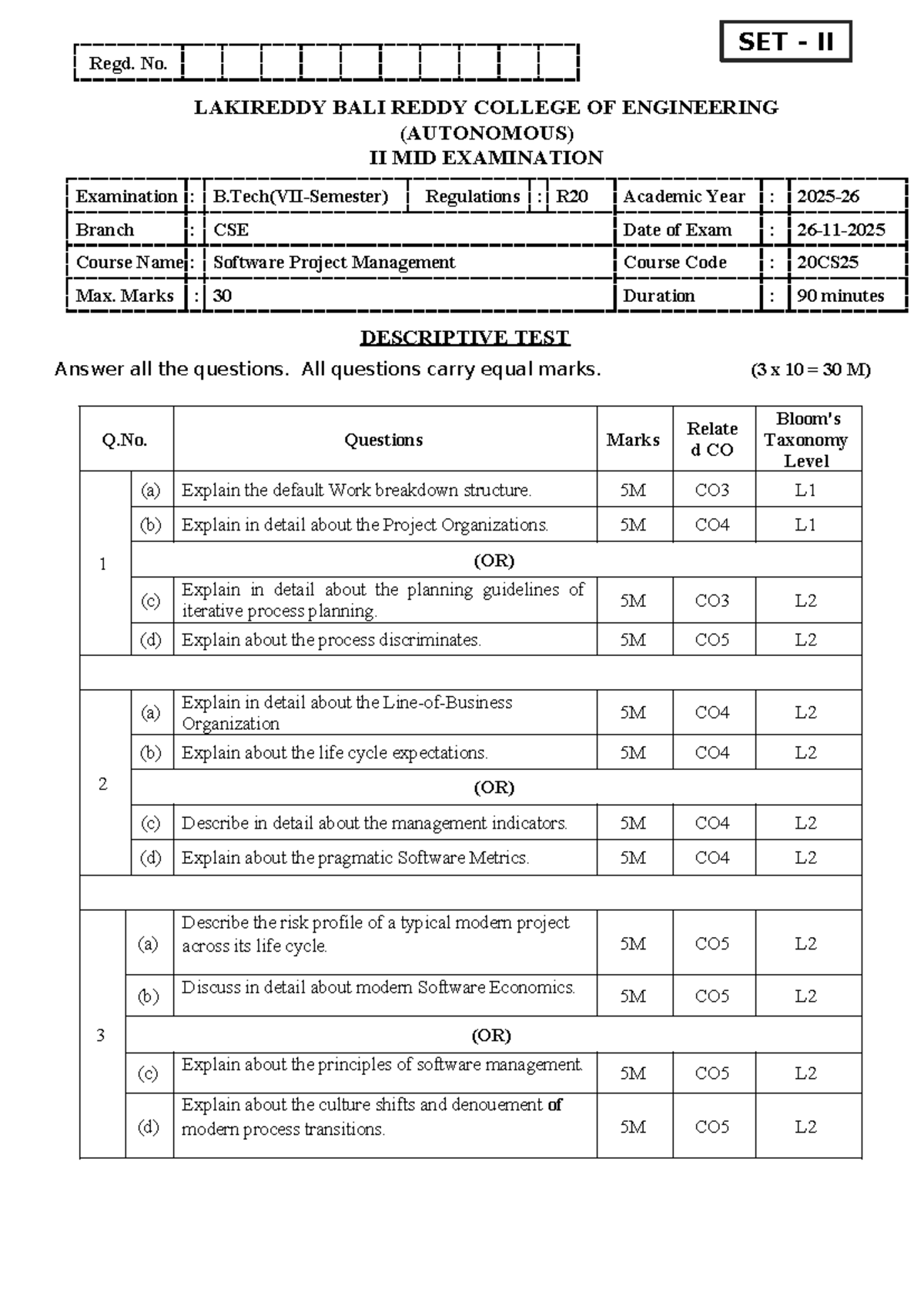 SPM 20CS25 II Mid Exam Set II - Descriptive Test Paper - Studocu