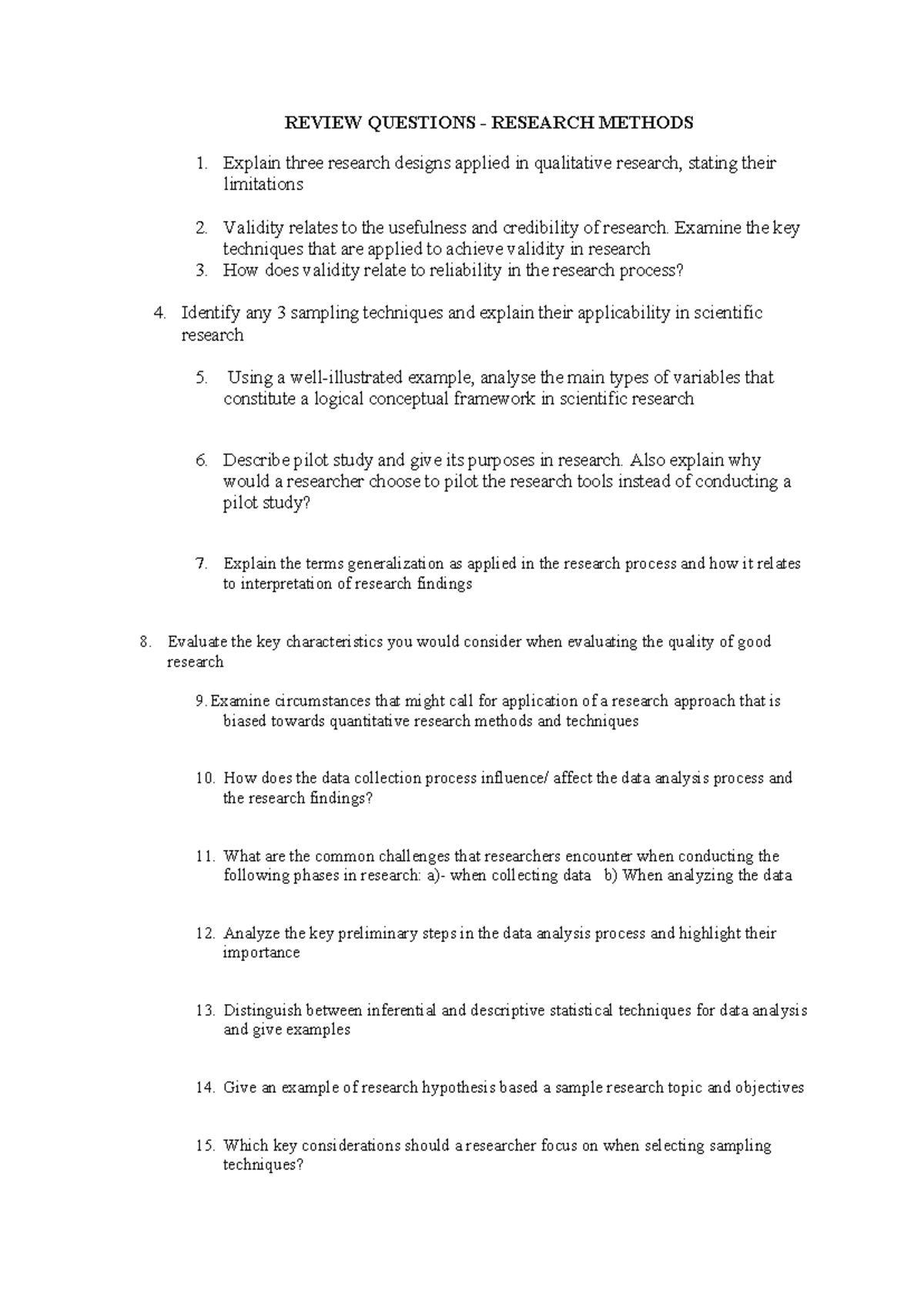 Review Questions on Research Methods RM ABCU001 - Studocu