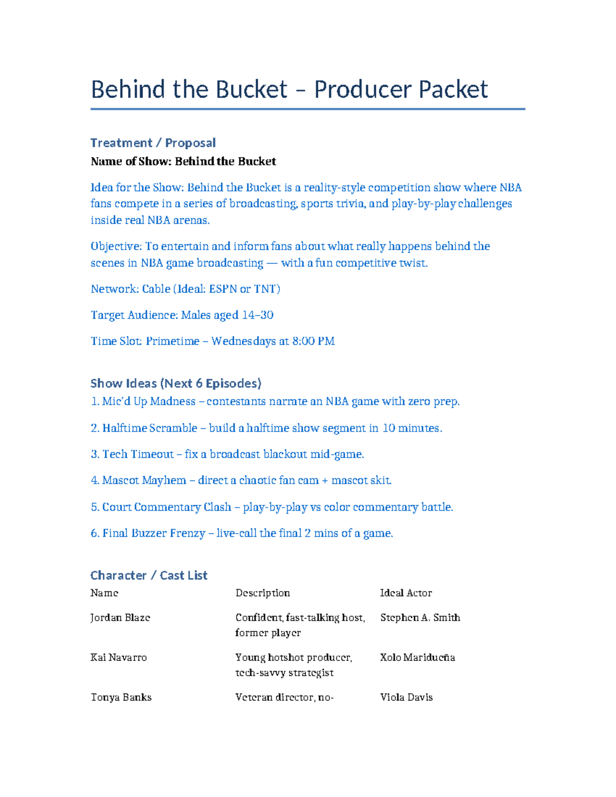 Behind the Bucket Producer Packet: Show Treatment Proposal - Studocu