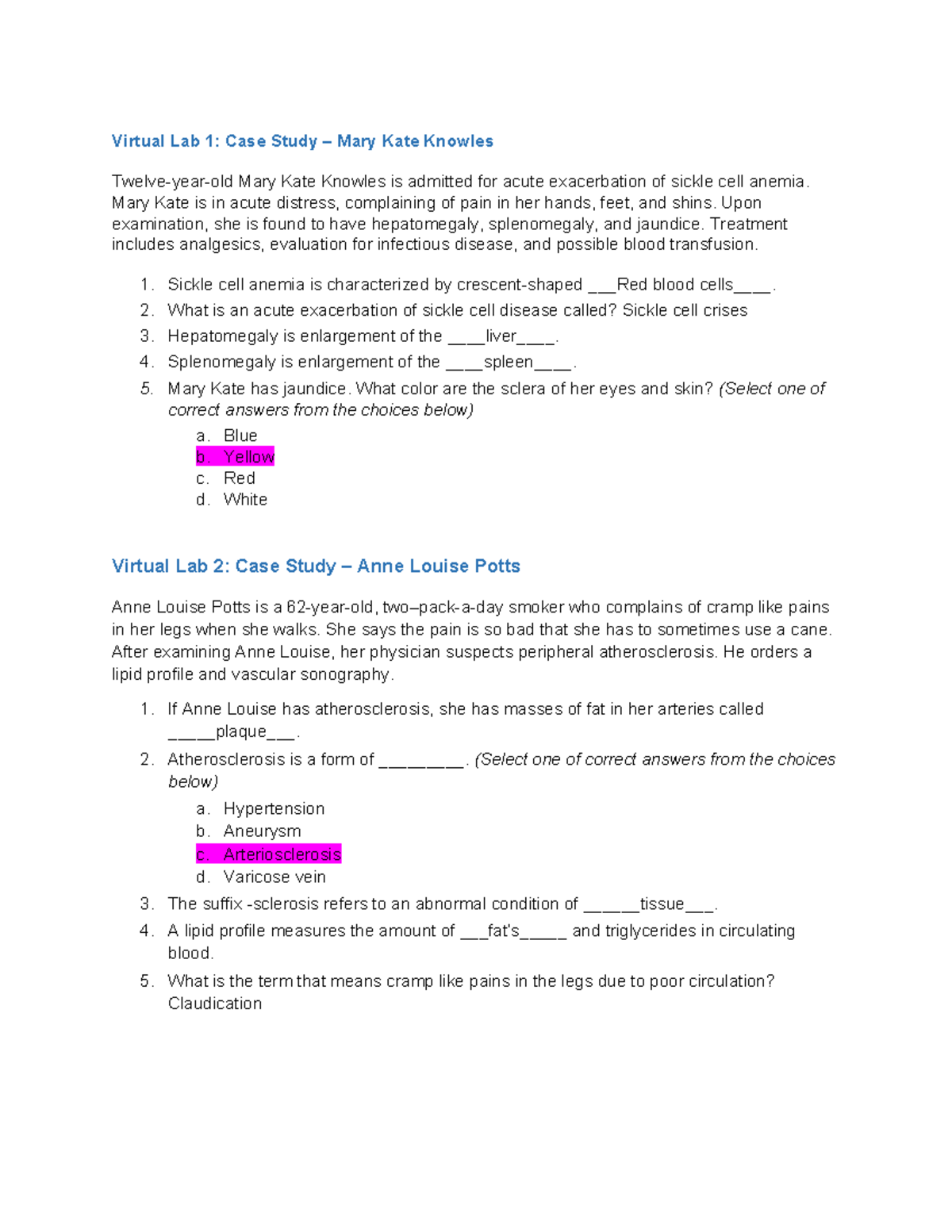 Case Study: Sickle Cell Anemia & Atherosclerosis - VLab 1 & 2 - Studocu