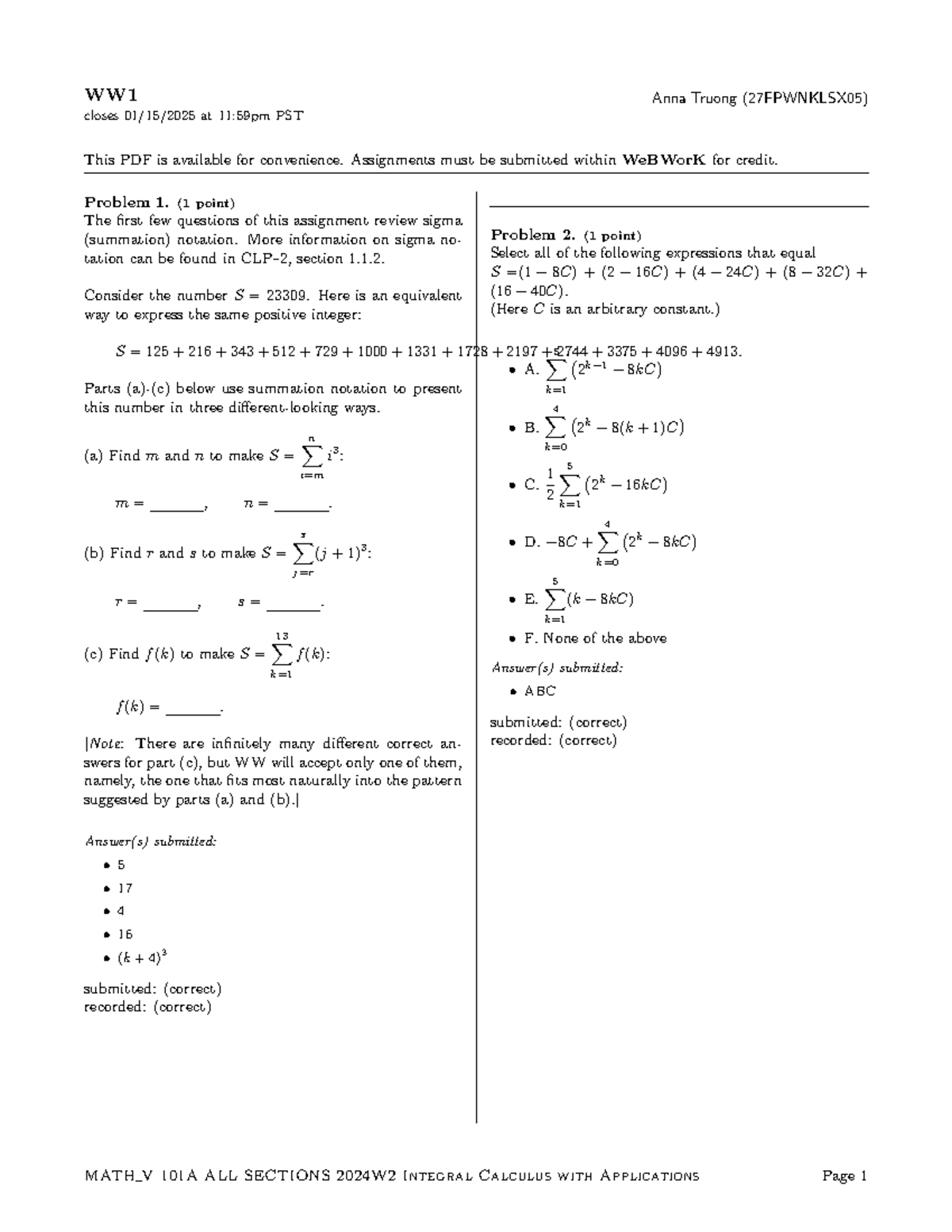 WebWork 1 Assignment - Term 2 - Summation Notation & Integrals - Studocu