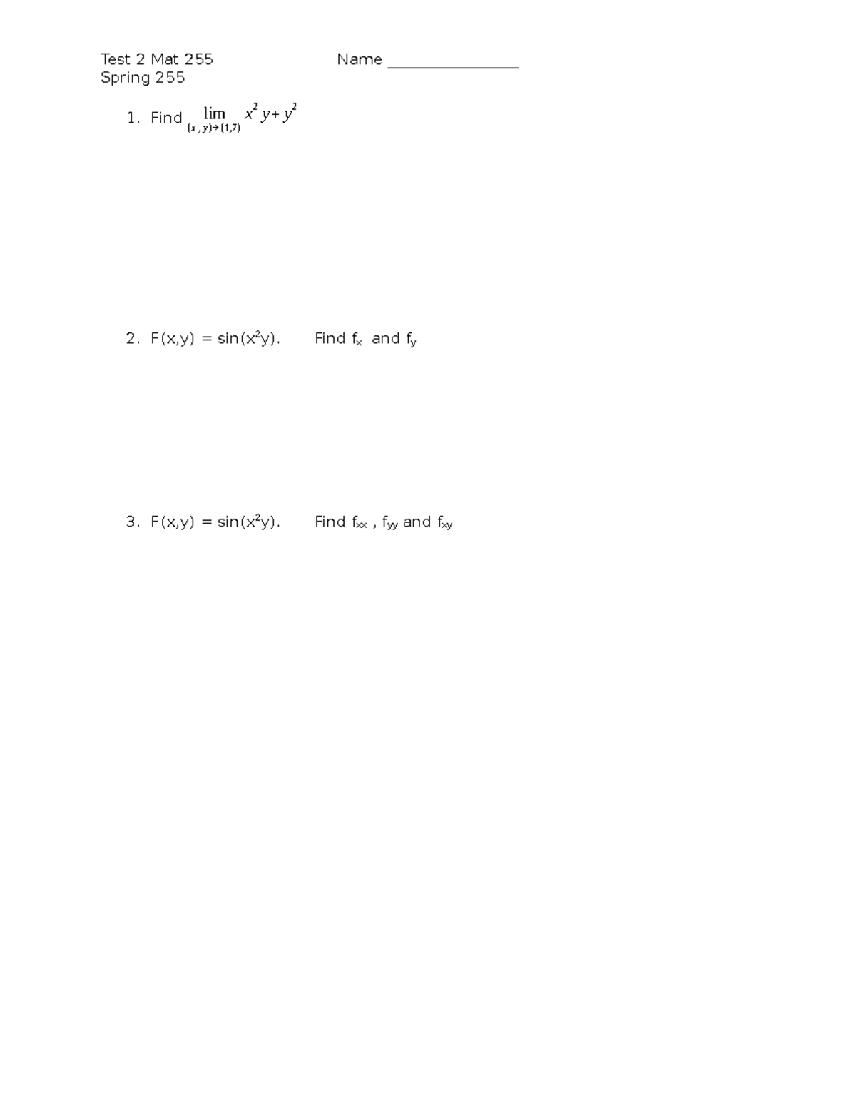 Mat 255 Spring 255 Test 2: Calculus Problems & Solutions Guide - Studocu