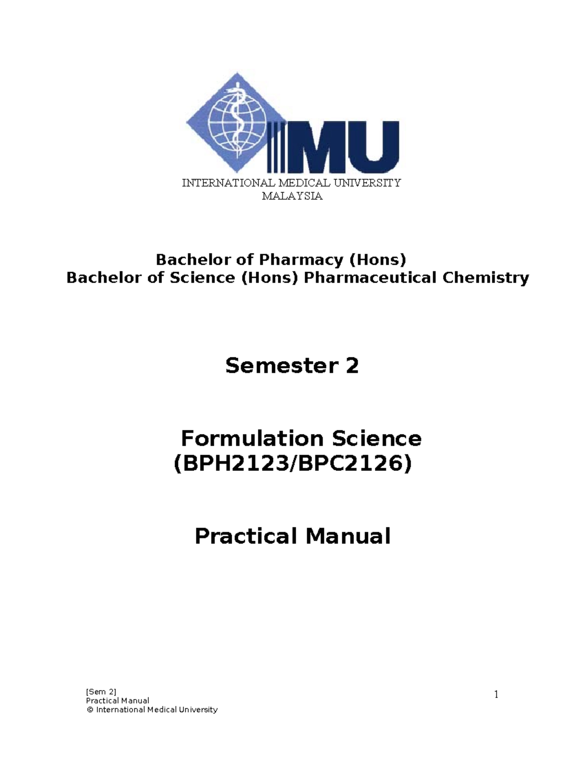 Practical Manual - Formulation Science 1 (PHAR 202) at IMU - Studocu