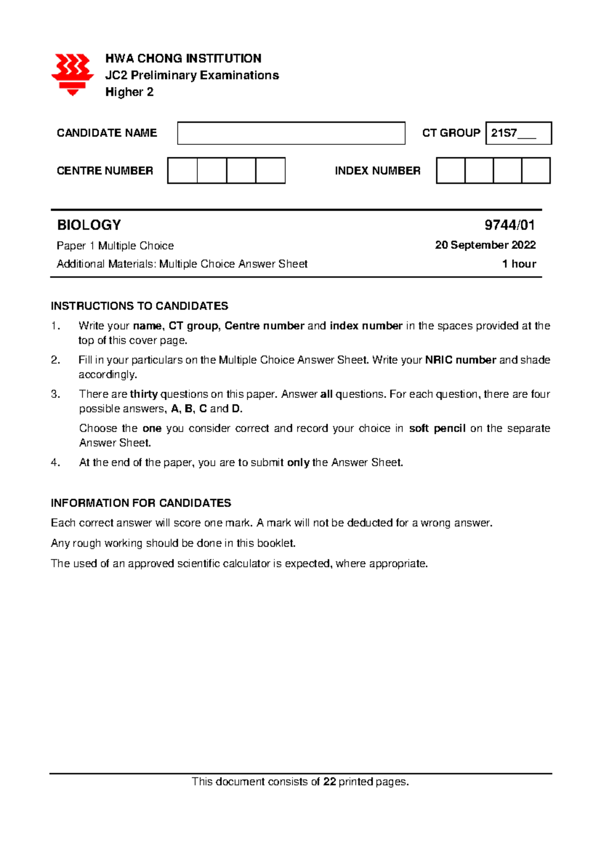 2022 HCI H2 Biology Prelim Paper 1 QP - HWA CHONG INSTITUTION JC2 ...