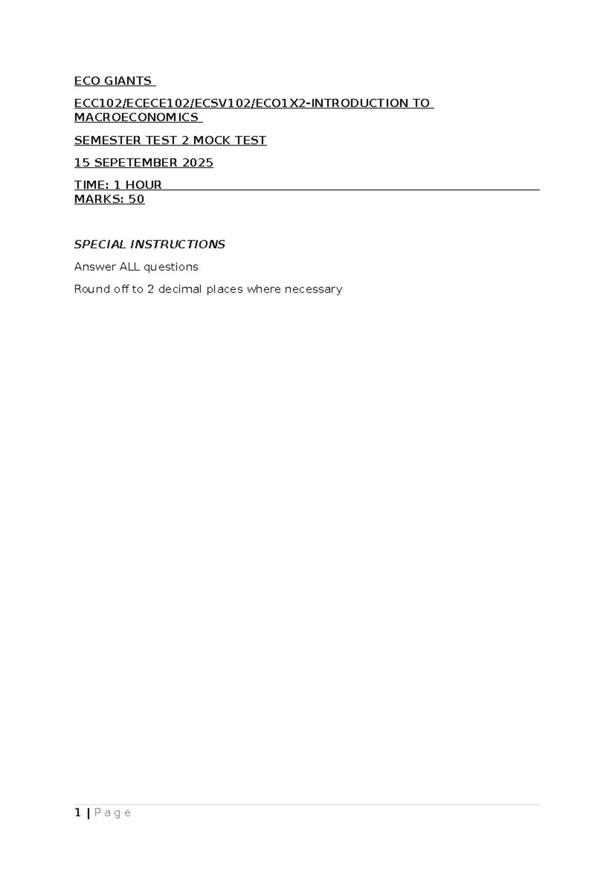ECO 101: Macroeconomics Semester Test 2 Mock Test - Sept 15, 2025 - Studocu