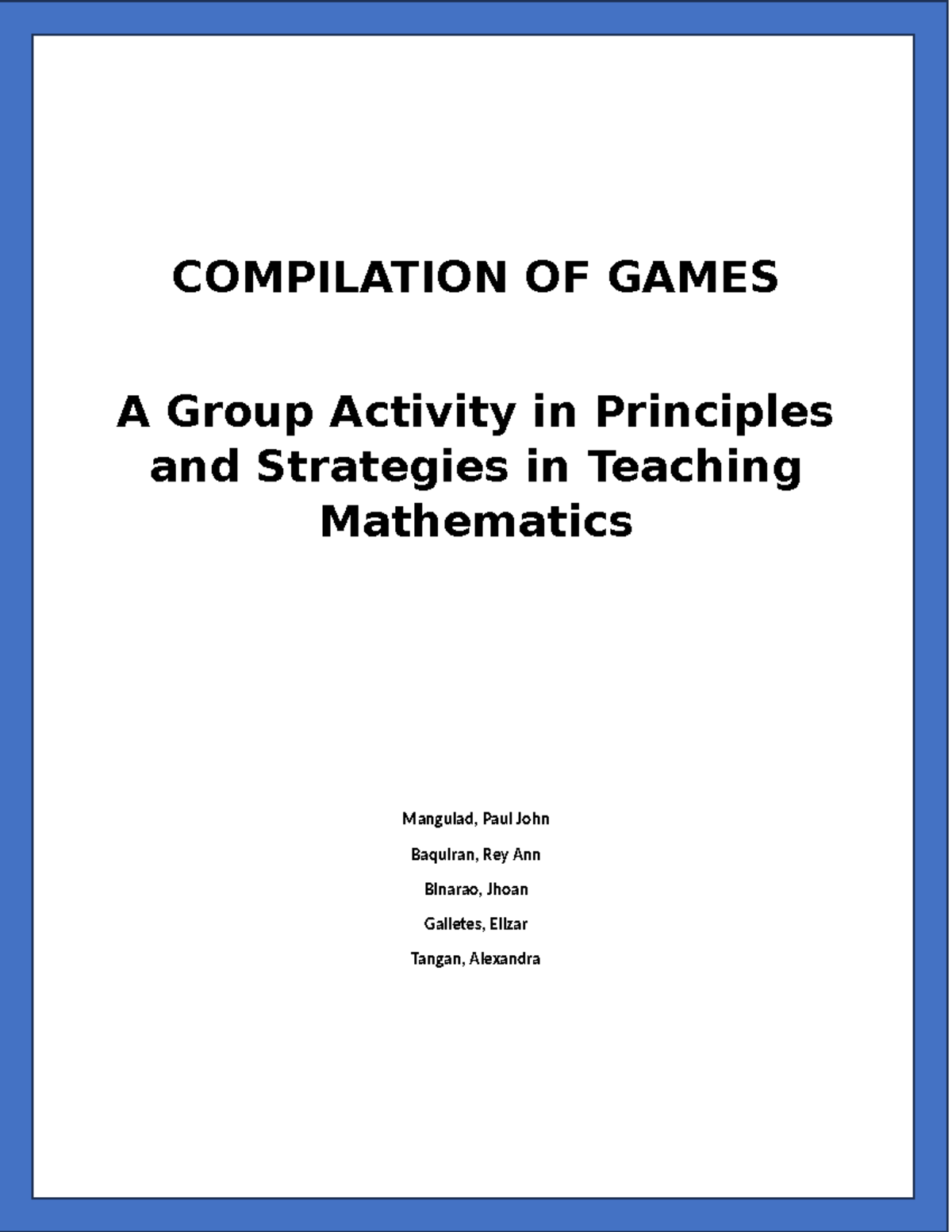 COMPILATION OF GAMES FOR MATH TEACHING STRATEGIES - Studocu