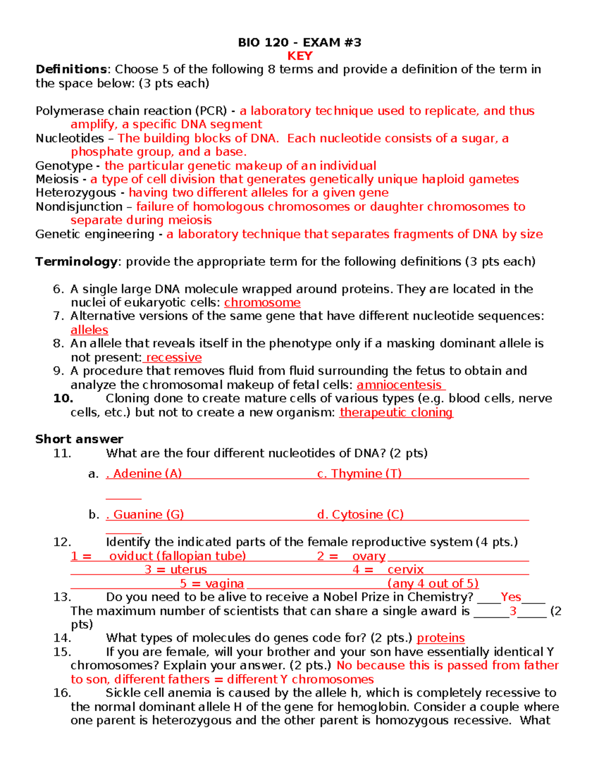 BIO 120 - Exam 3 Spring 2024 Key and Answer Guide - Studocu