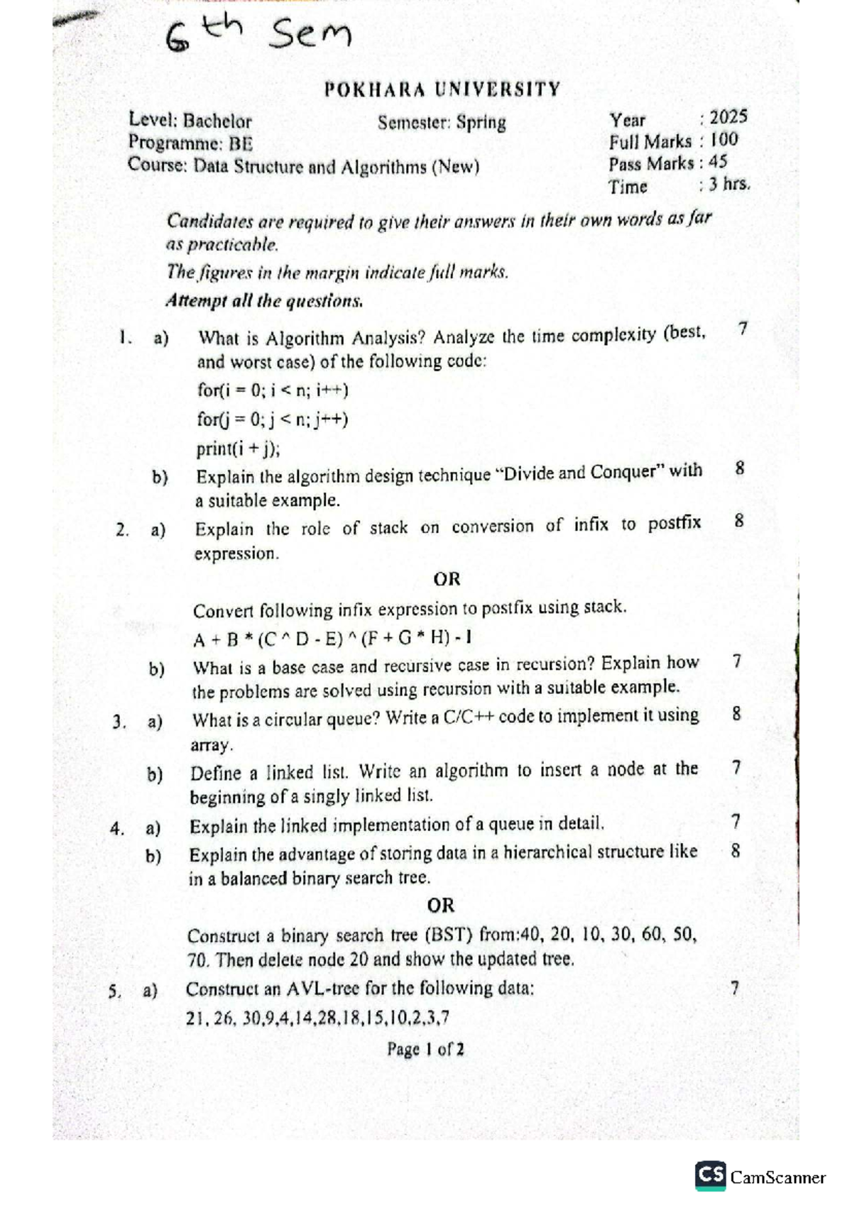 DSA 6th Sem Spring 2025 Exam Questions - Pokhara University - Studocu