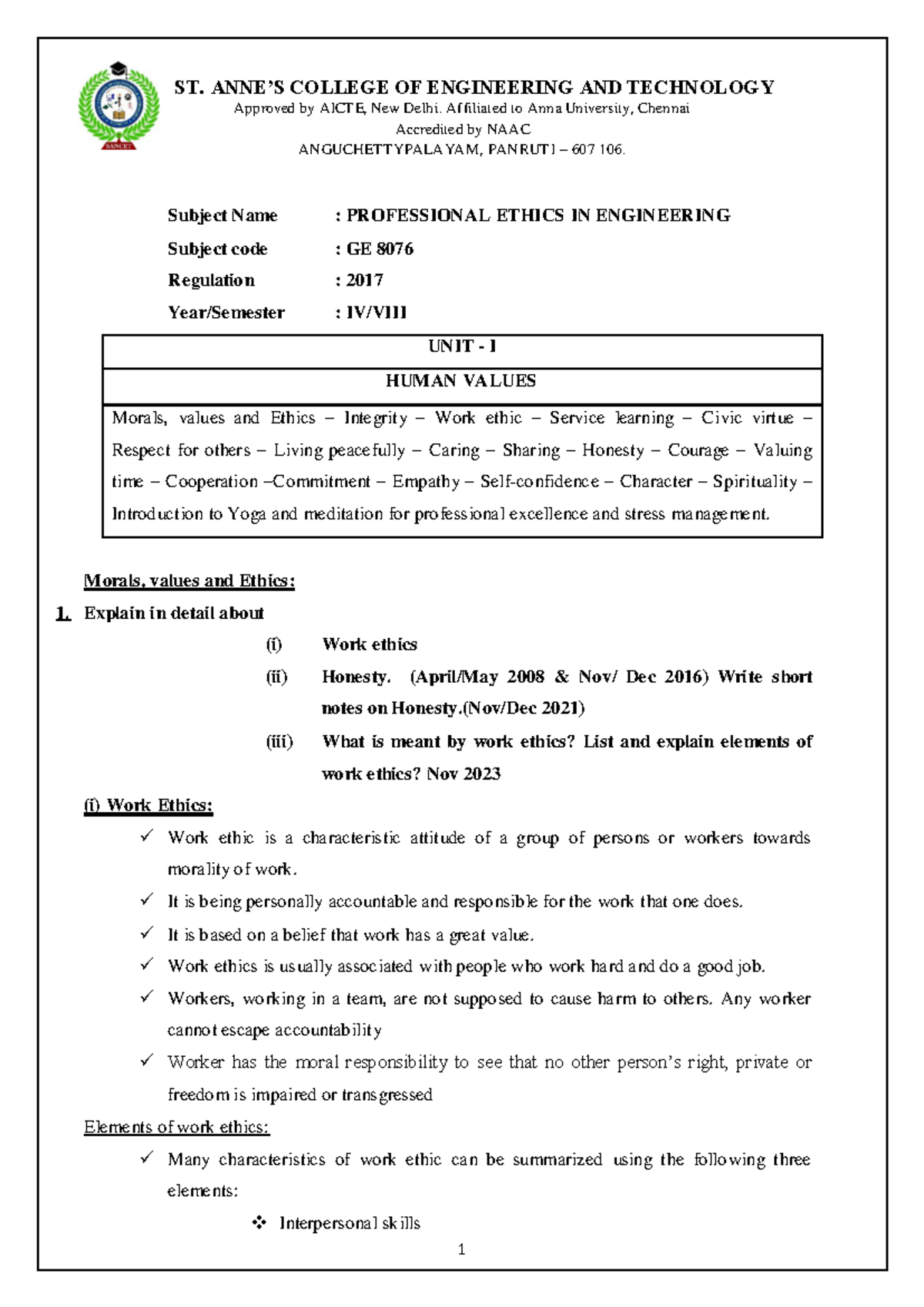 GE8076 - Professional Ethics in Engineering: Comprehensive Notes 2024 ...