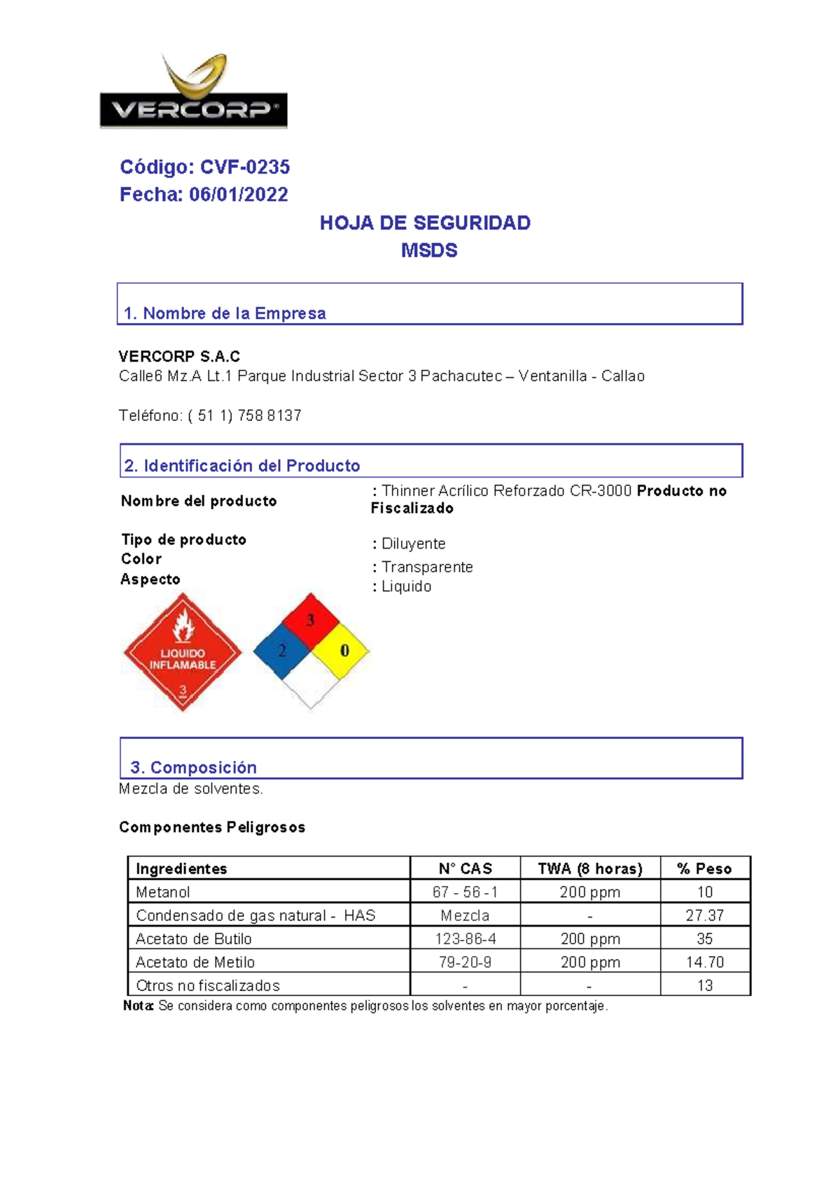 HOJA DE SEGURIDAD MSDS Thinner Acrílico CR3000 - Document Preview