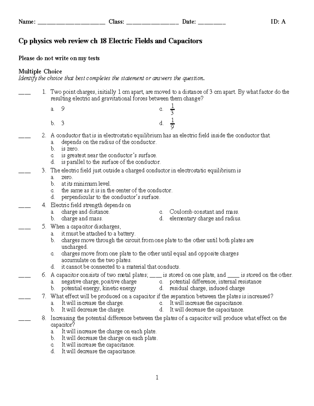 Cp Physics Web Review: Chapter 18 - Electric Fields & Capacitors - Studocu