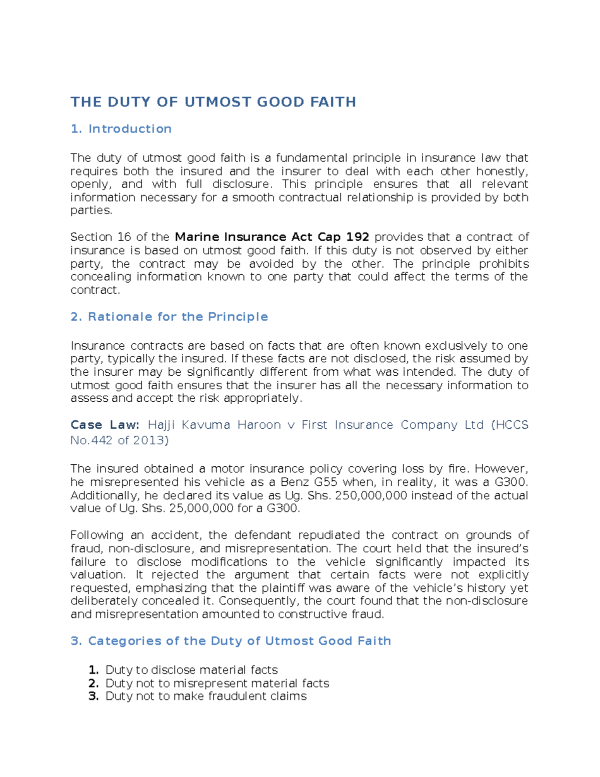 The Duty of Utmost Good Faith in Insurance Law - An Overview - Studocu