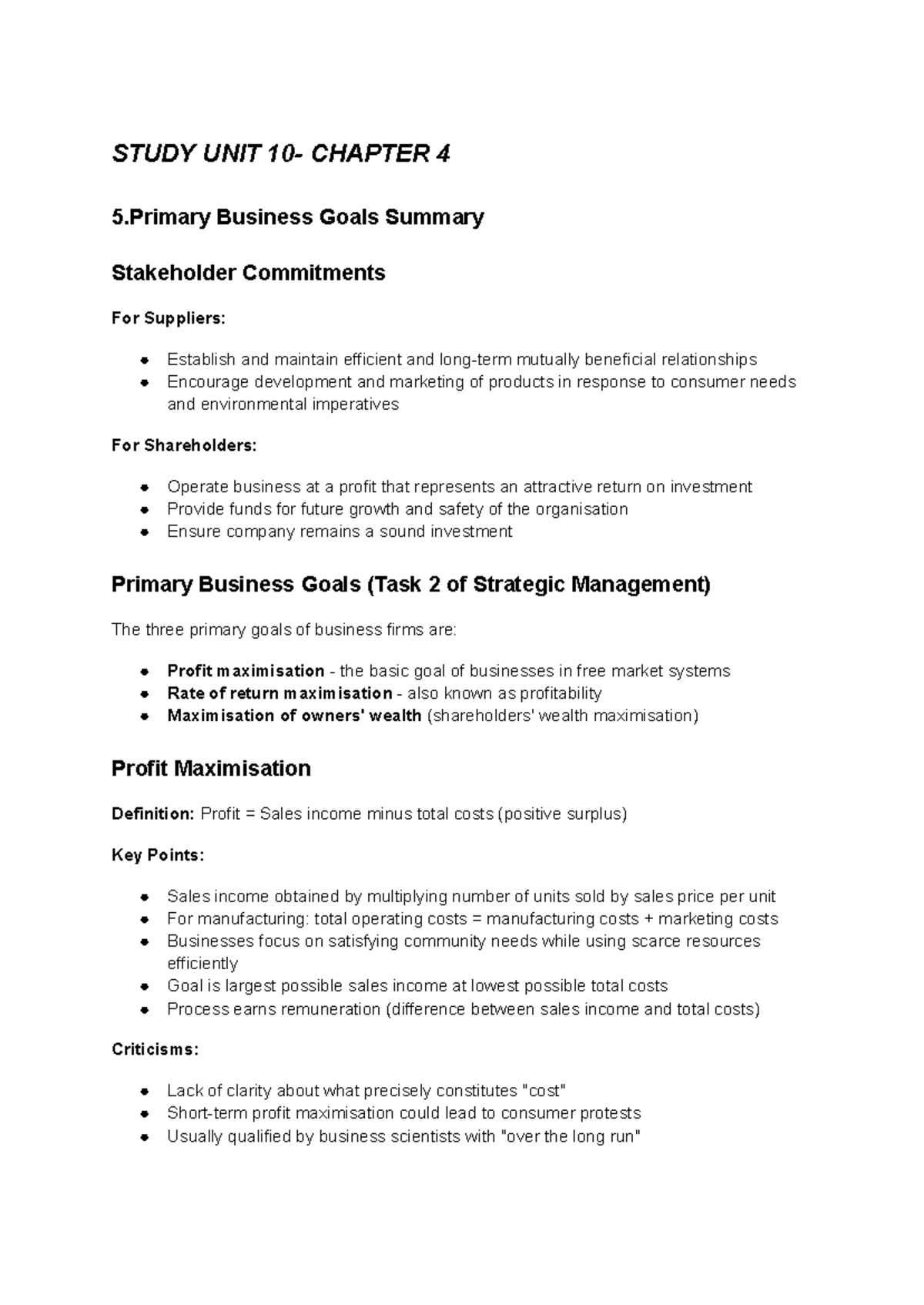Study Unit 10: Chapter 4 - Primary Business Goals & Stakeholder ...