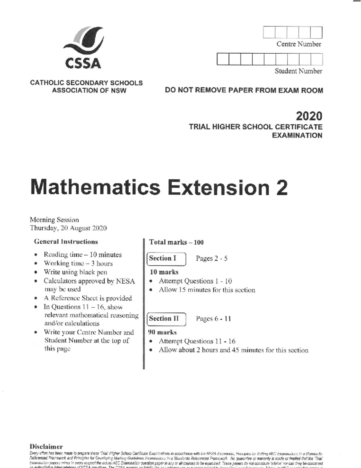 2020 CSSA Mathematics Extension 2 Trial Exam Paper - Studocu