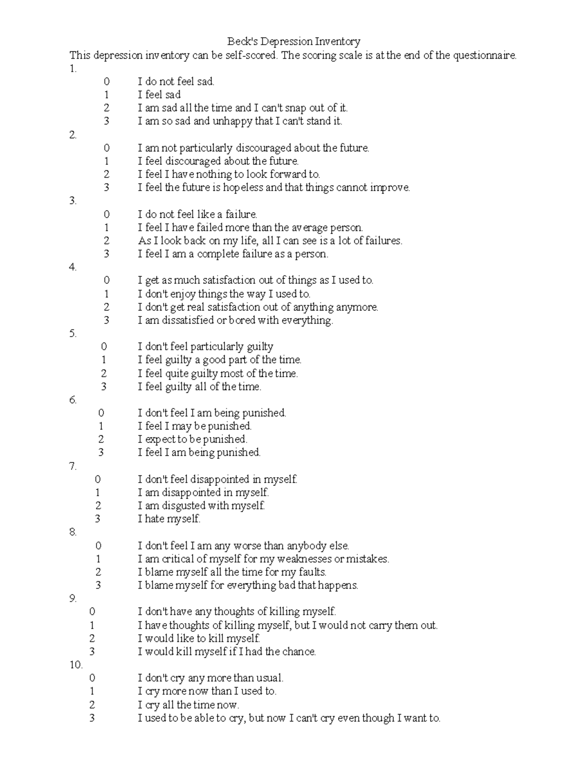 Beck Depression Inventory (BDI) Questionnaire and Scoring Guide - Studocu