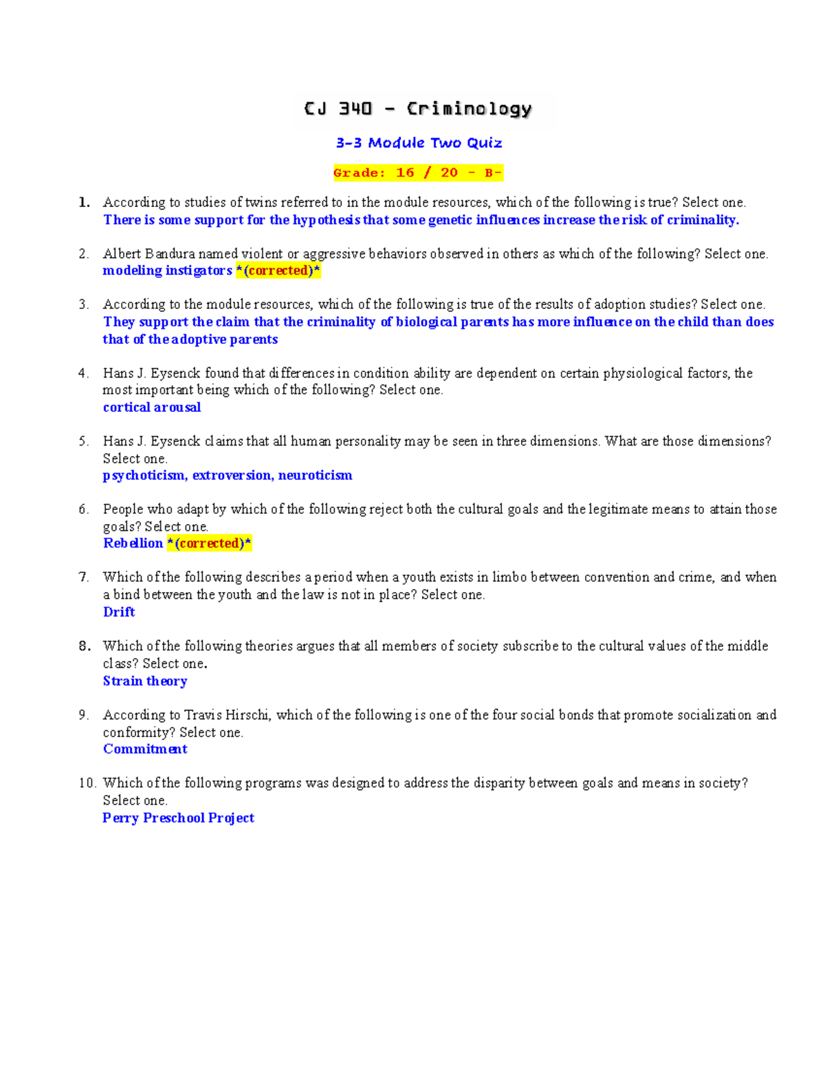 CJ 340 Criminology Module Two Quiz Insights and Answers - Studocu