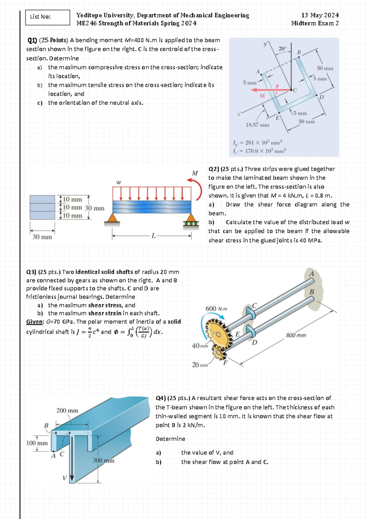 ME246 Strength of Materials Spring 2024 Midterm Exam 2 Notes - Studocu