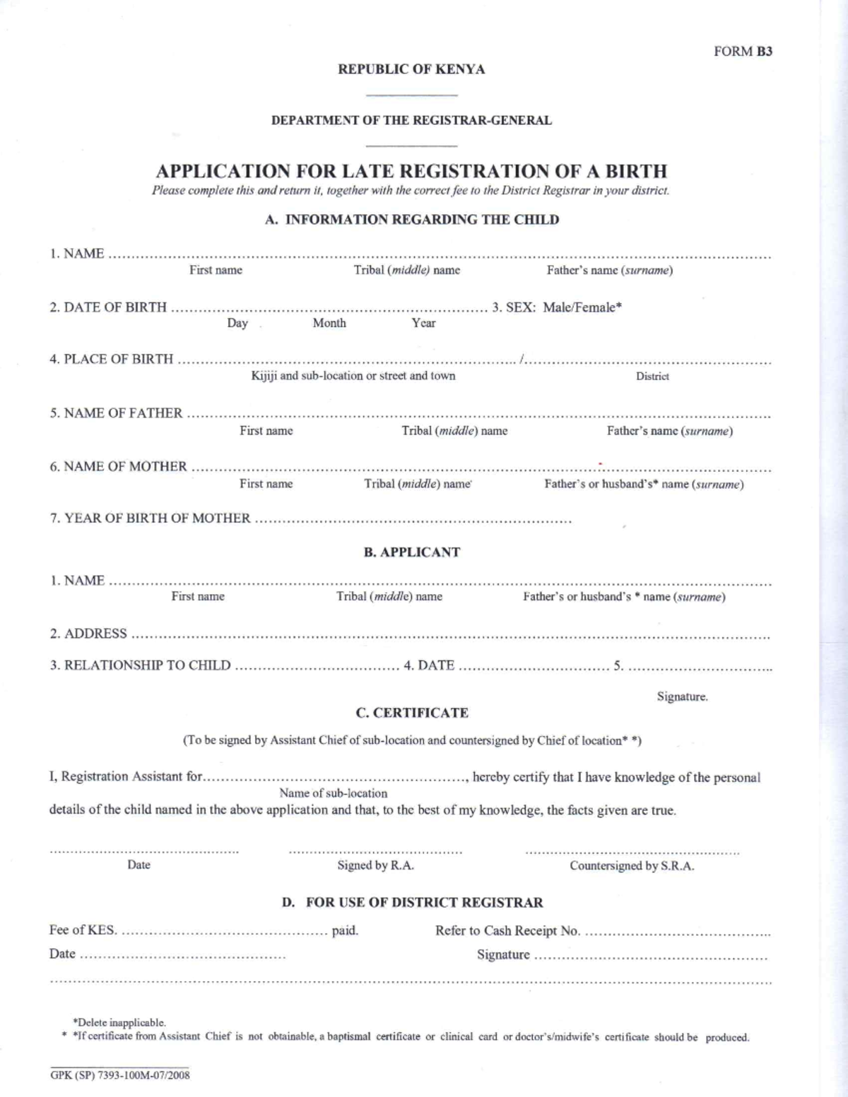 B3 Application for Late Birth Registration - Kenya - Studeersnel