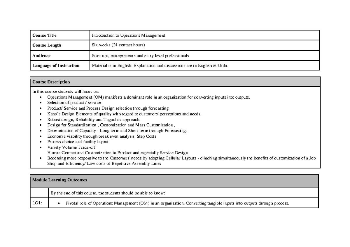 Introduction to Operations Management - Course Outline - Course Title ...
