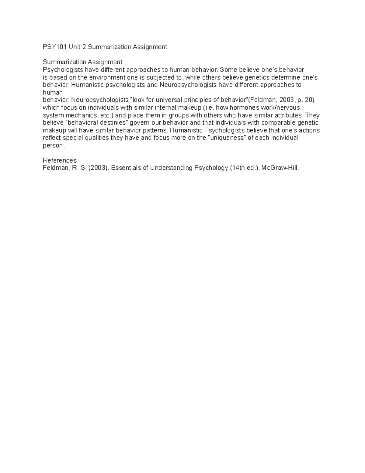 PSY101 Unit 2 Summary Assignment on Human Behavior Approaches - Studocu