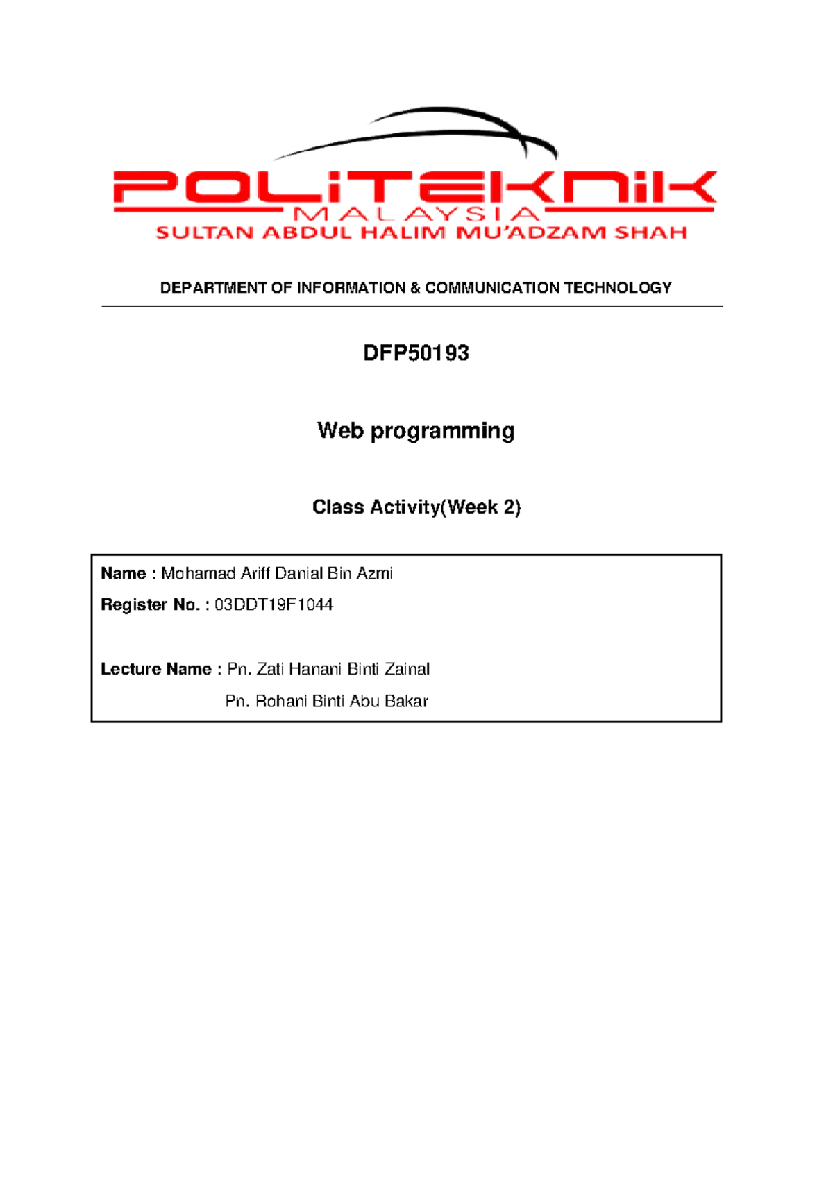 DFP 50193 Class Activity: Web Programming Week 2 by Ariff Danial - Studocu