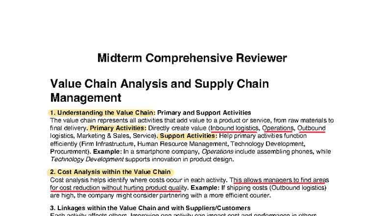 Midterm Reviewer: Value Chain & Cost Analysis (SCM 1) - Studocu