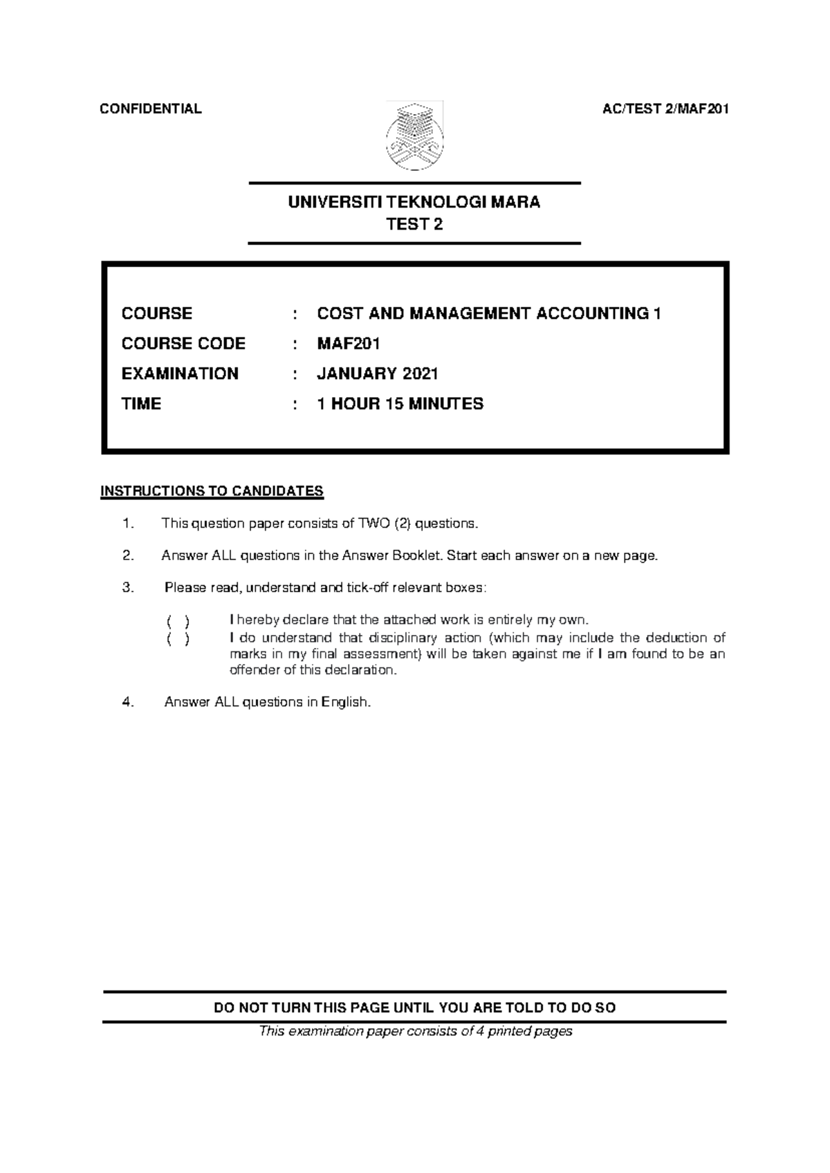 MAF 201 TEST 2 JAN 2021 - Cost & Management Accounting Exam - Studocu